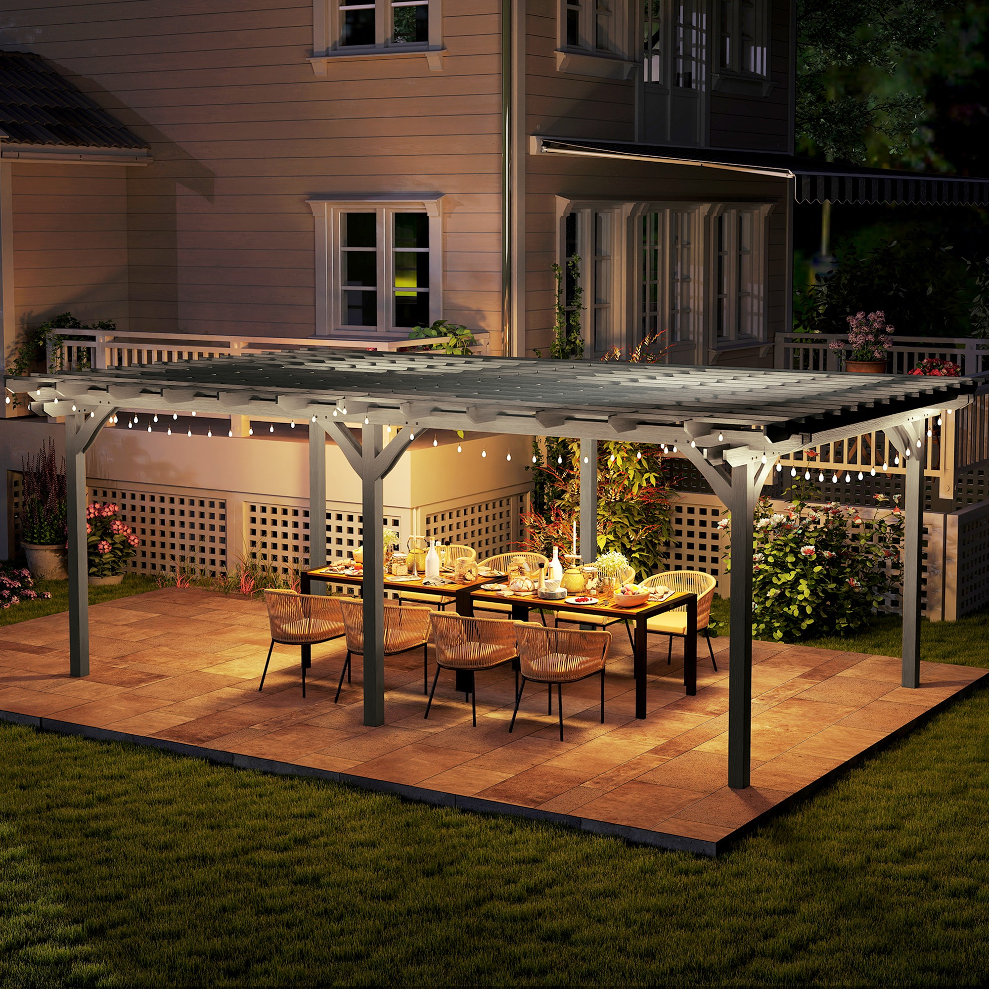12’ x 20’ Outdoor Pergola, Wood Gazebo Grape Trellis with Stable Structure for Climbing Plant Support, Gray