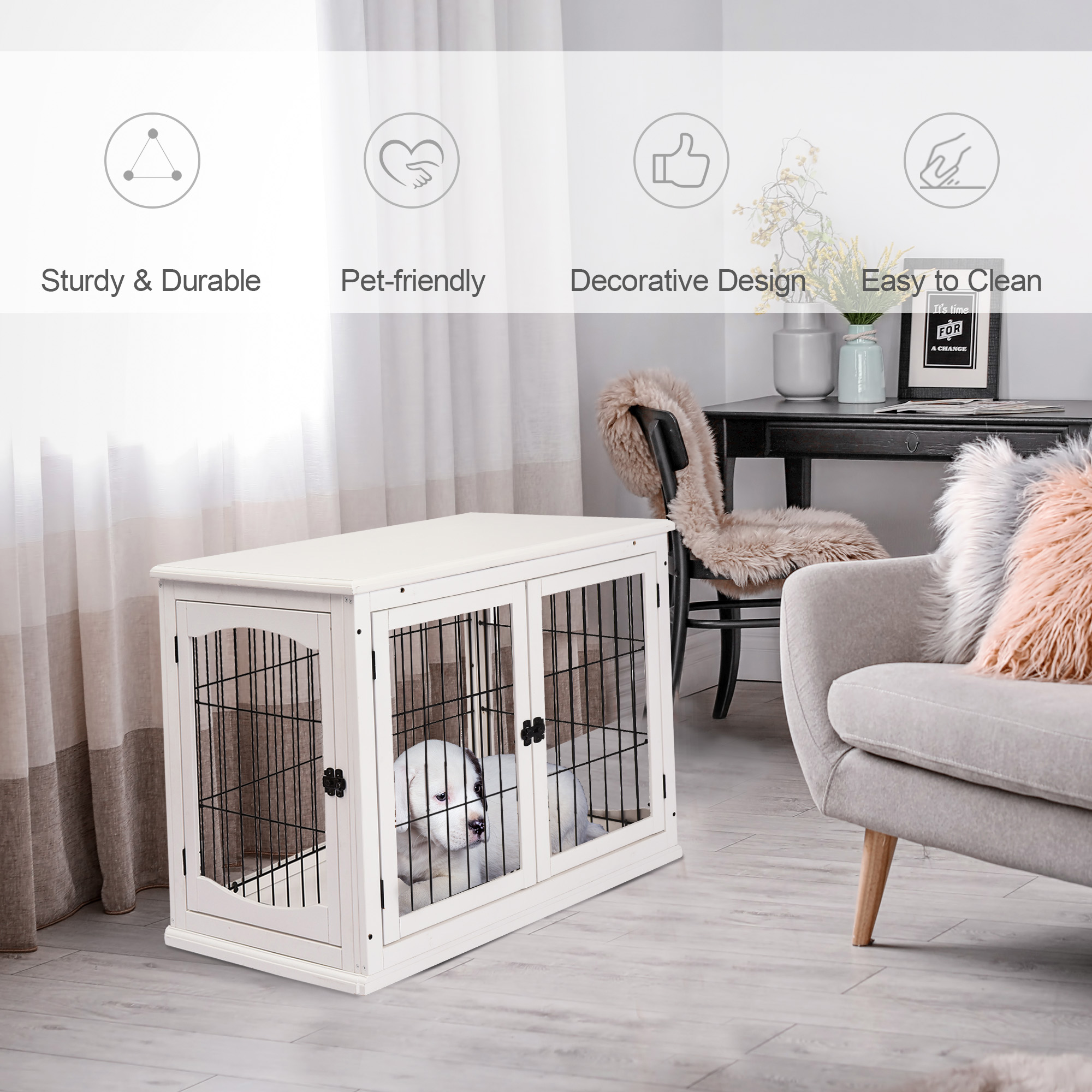  Dog Crate Furniture, 32" Small Dog Cage End Table with 2 Doors, Lockable Door, Puppy Kennel Indoor, White
