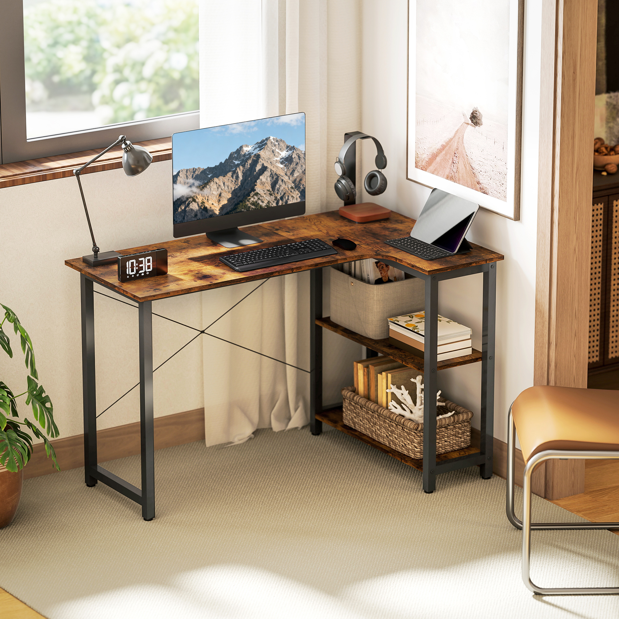 L Shaped Desk, Corner Computer With Bookshelf For Home Office, Study Room — image 2