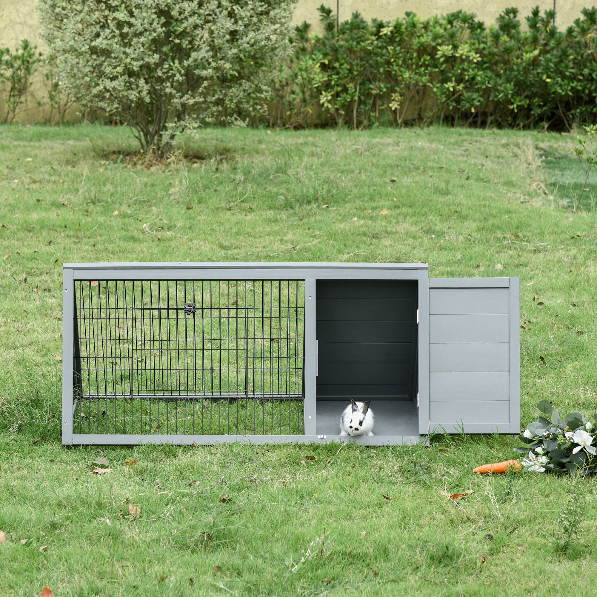 46" x 24" Wooden A-Frame Outdoor Rabbit Hutch, Small Animal Cage, Bunny Hutch with Outside Run & Ventilating Wire, for Rabbits, Chickens, Ducks, Gray