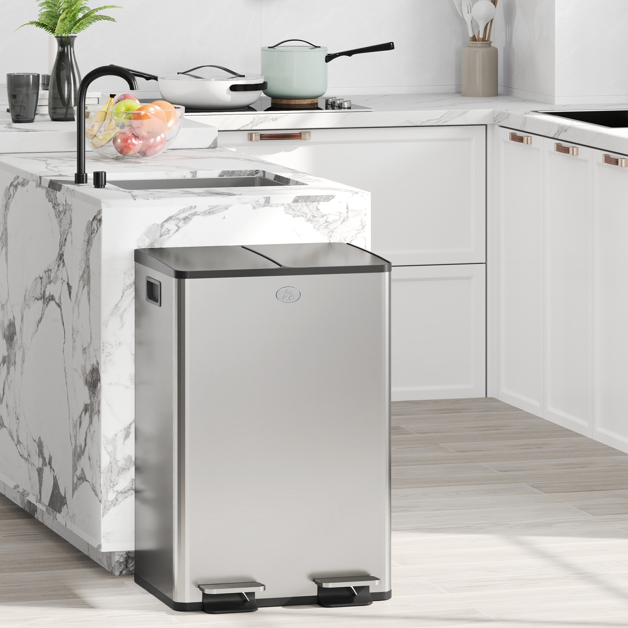 56L Dual Compartment Stainless Steel Bin, With Deodoriser Holders - Silver Tone — image 2