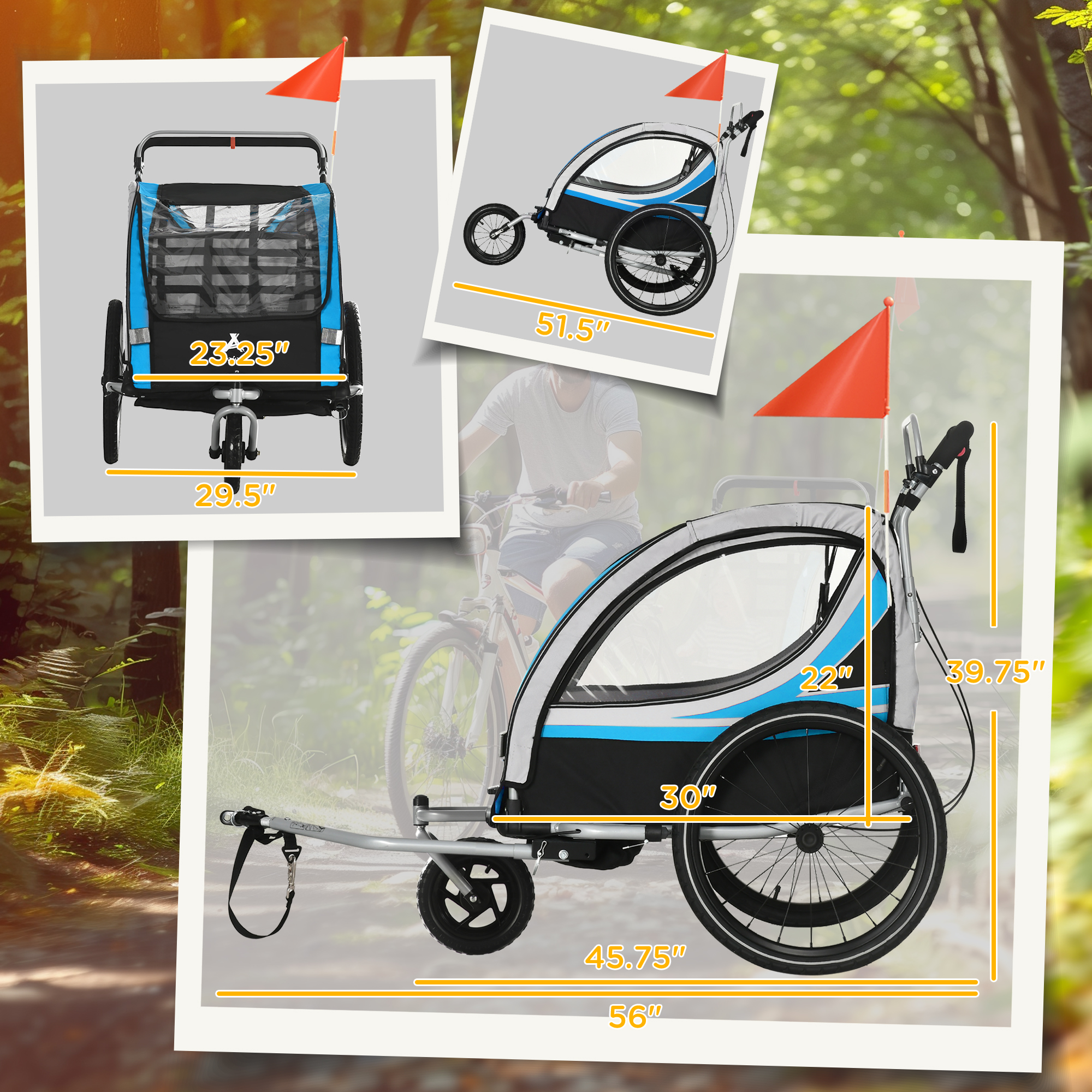 3-in-1 Bike Trailer for Kids, Running Stroller with 2 Seats, Jogging Cart with 5-Point Harness, Storage Units, Blue