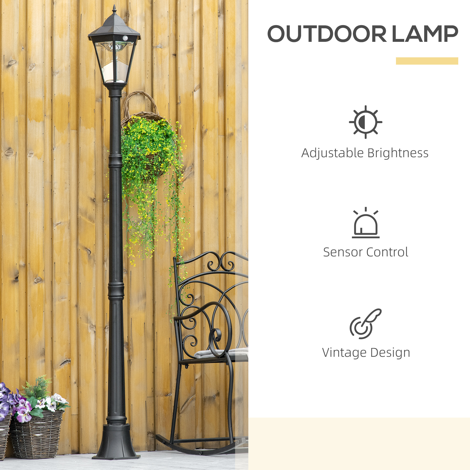 76.5″ Solar Lamp Post Light, Dusk to Dawn Vintage Style Street Light, Aluminum Solar Powdered Lamp, PIR Motion Sensor for Garden, Lawn, Pathway, Driveway, Black