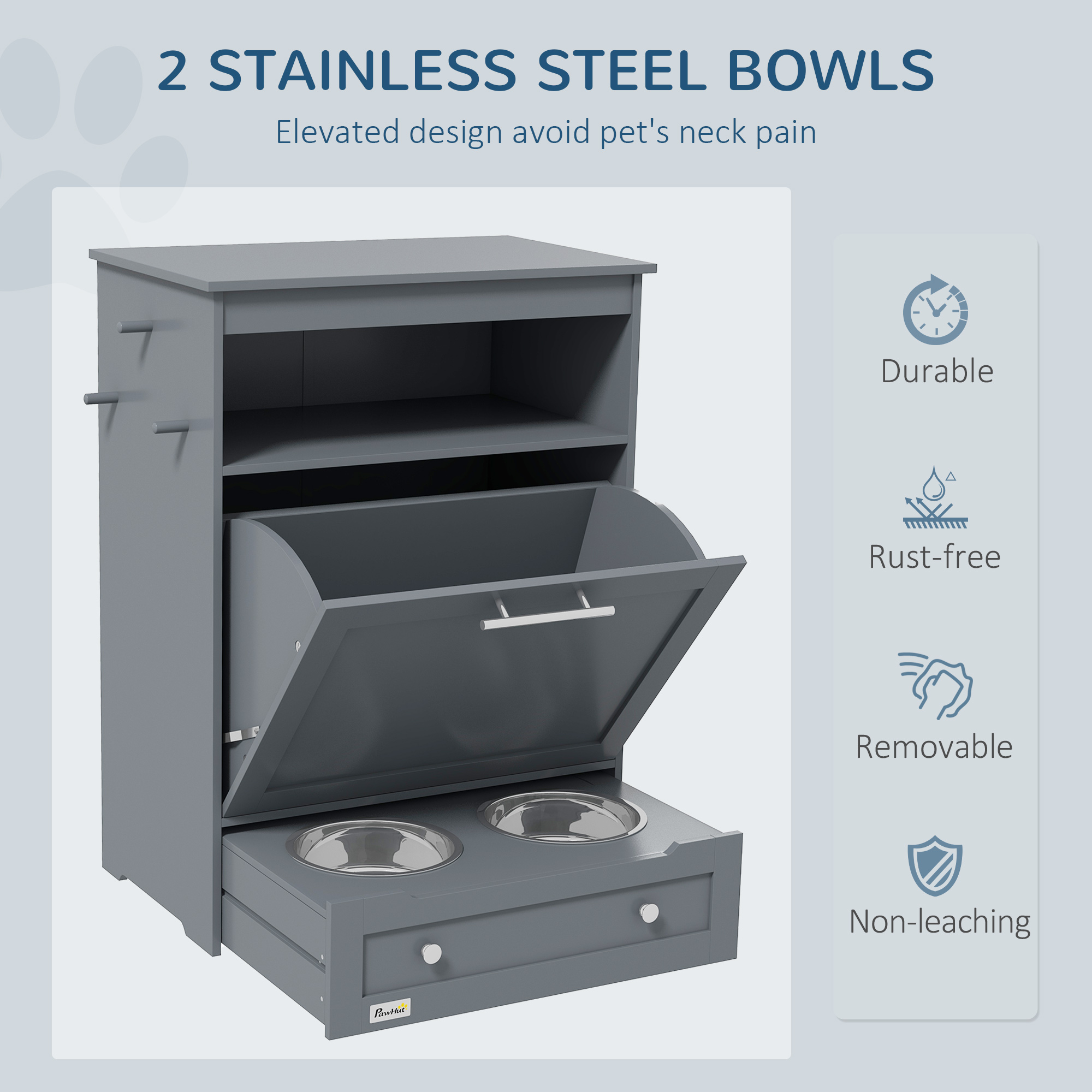  Pet Feeder Station Storage Cabinet, Dog Food Storage Container with Dog Raised Bowls, Watering Supplies, Gray