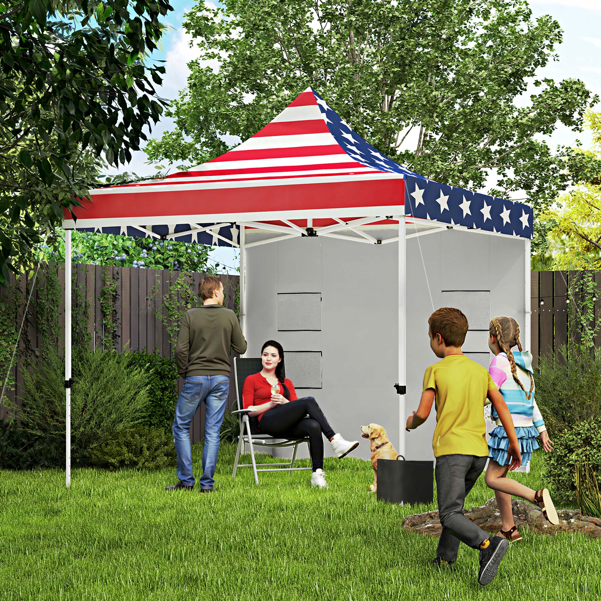 10 x 10 Heavy Duty Pop Up Canopy Tent with Sidewall, UPF50+ Instant Sun Shelter with Storage Pockets, American Flag