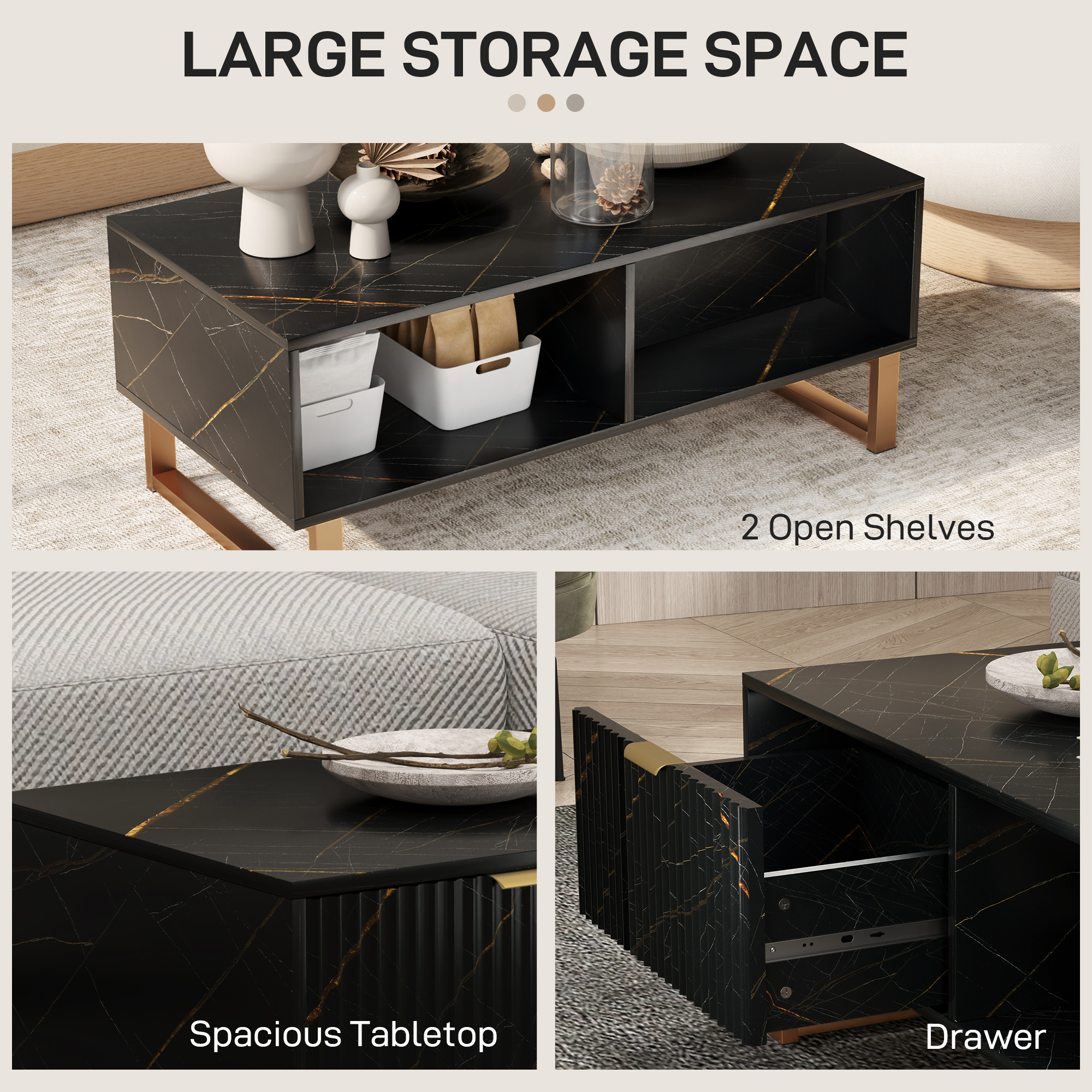 Elegant Marble Effect Storage Coffee Table - Black — image 3