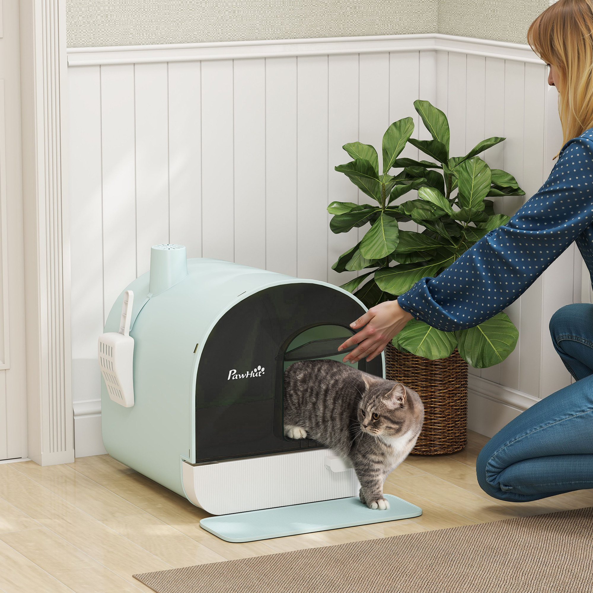 Enclosed Cat Litter Box with Lid, Drawer, Scoop & Mat, Green