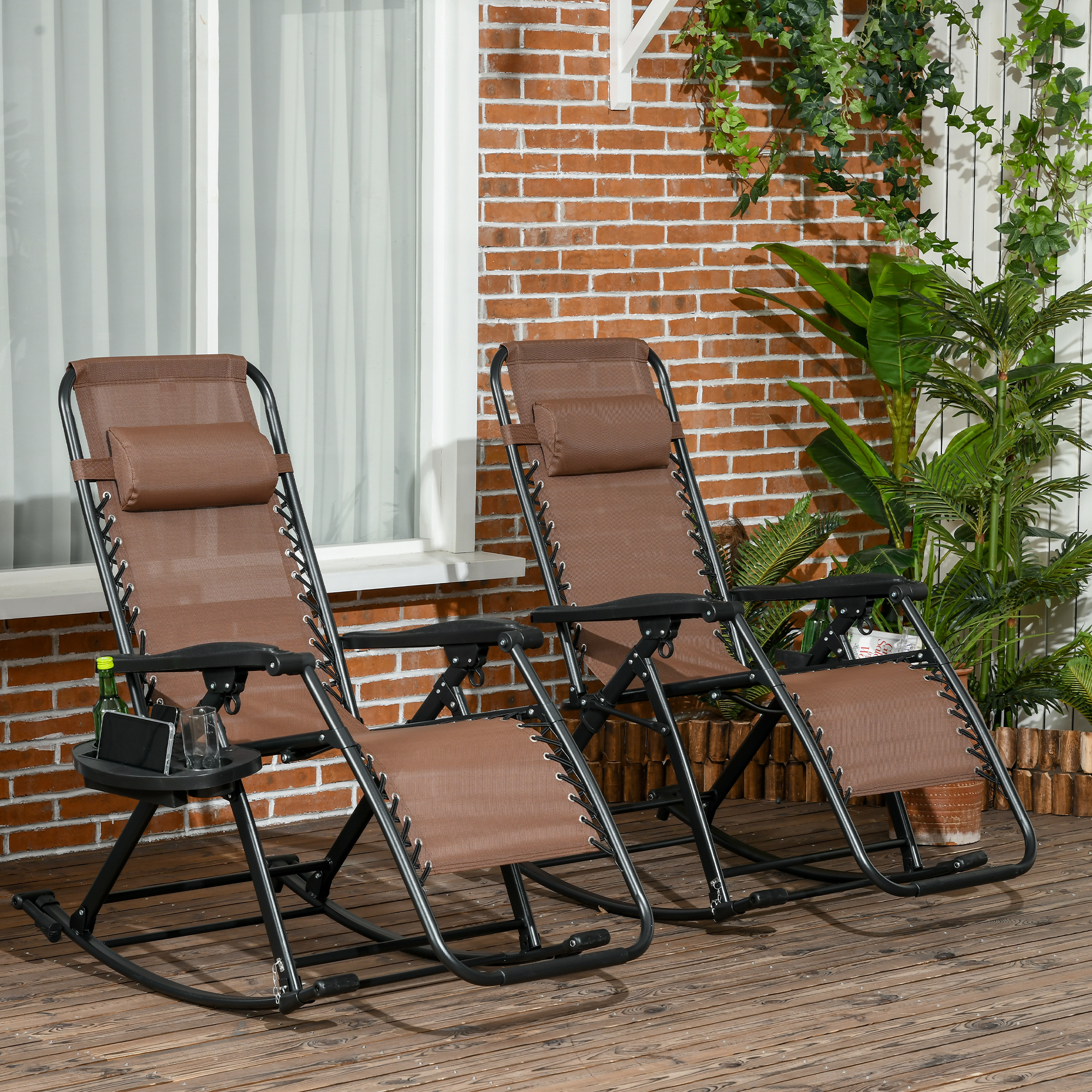  2 Outdoor Rocking Chairs Foldable Reclining Zero Gravity Lounge Rockers w/ Pillow Cup & Phone Holder, Brown