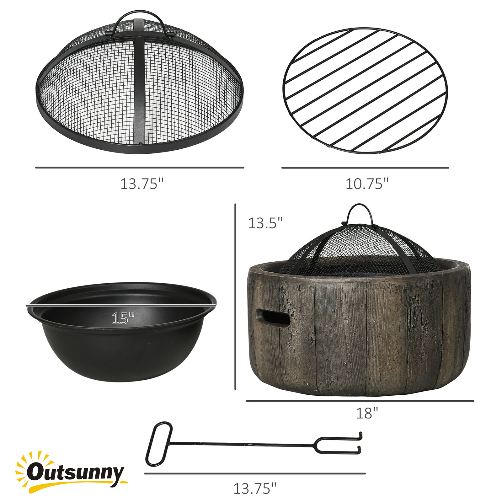  Outdoor Fire Pit, 18 Inch Metal Wood Burning Fireplace with Spark Cover, Poker, Woodgrain Design for Patio, Picnic, Backyard, Dark Brown