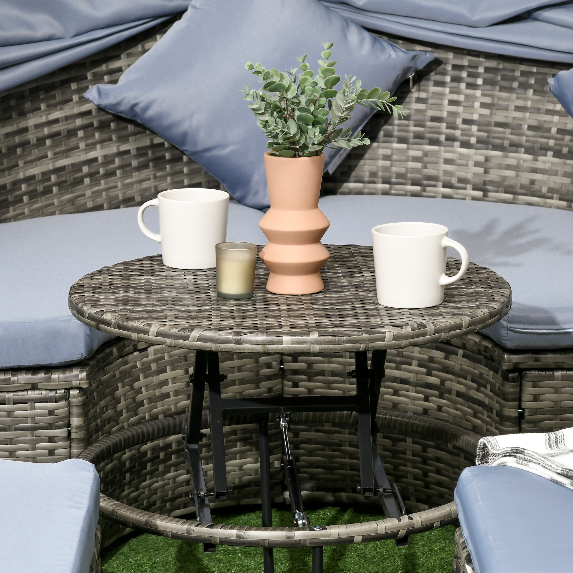  4 Piece Round Rattan Daybed, Convertible Patio Furniture Set, Adjustable Sun Canopy, Sectional Outdoor Sofa, 2 Chairs, Extending Tea Table Ottoman Chair, 3 Pillows, Light Gray