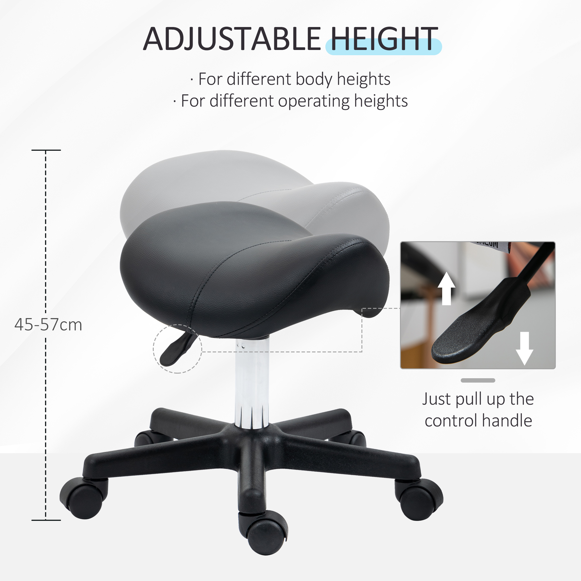 Saddle Stool, PU Leather Adjustable Rolling Salon Chair With Steel Frame For Massage, Spa, Beauty And Tattoo, Black