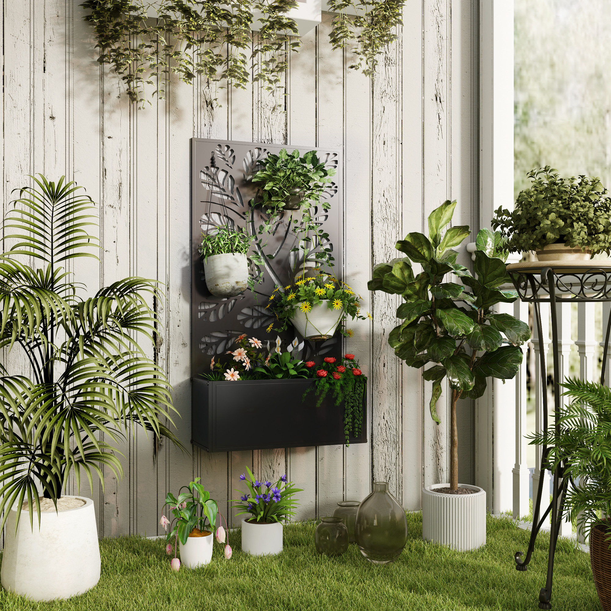 Metal Garden Bed with Trellis for Climbing Plants, Freestanding or Wall Mounted Flower Bed for Garden, Patio, Balcony