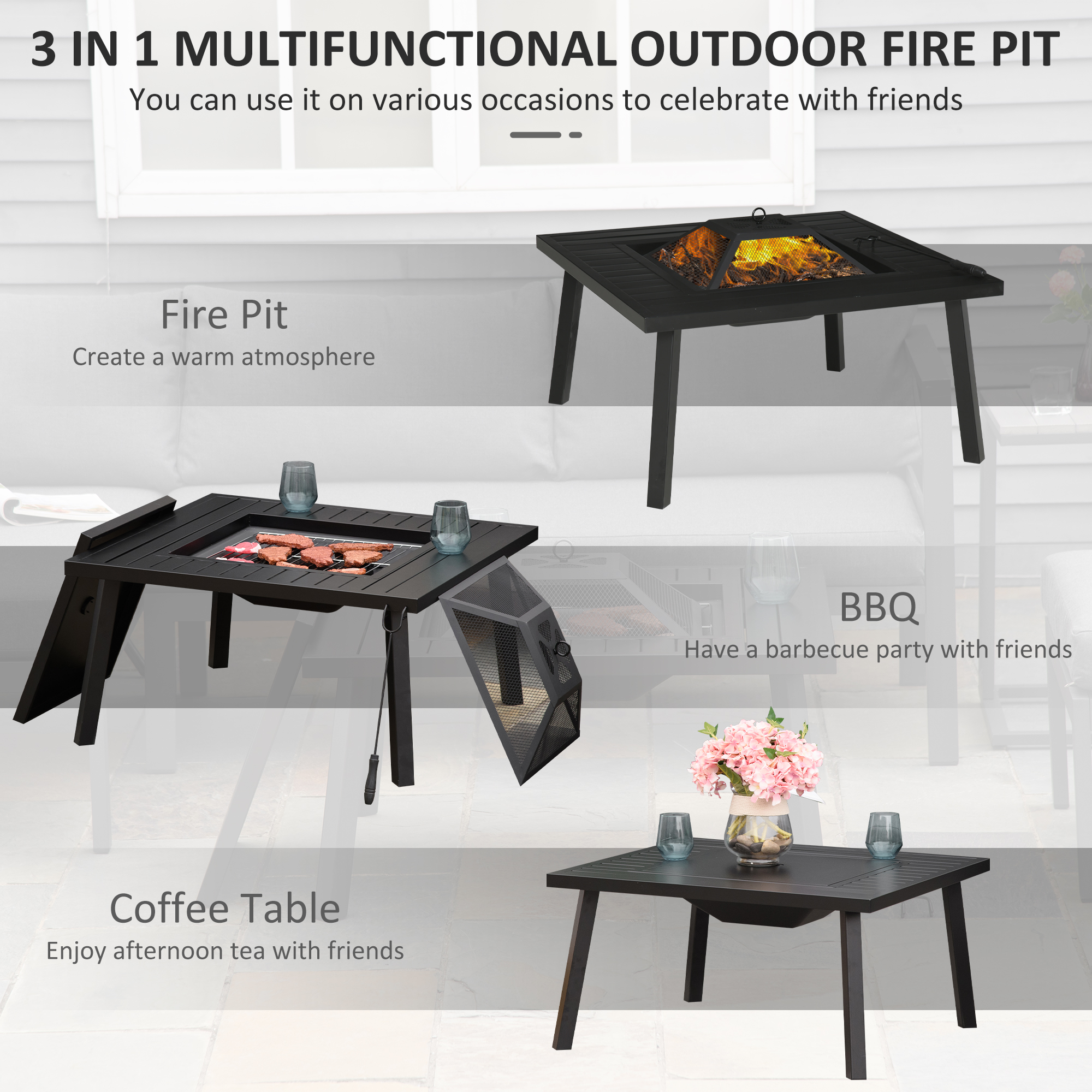  34" Fire Pit with Grill, Metal Outdoor Wood Burning Firepit with Spark Screen, Fire Poker, Cover, Table Lip, Black