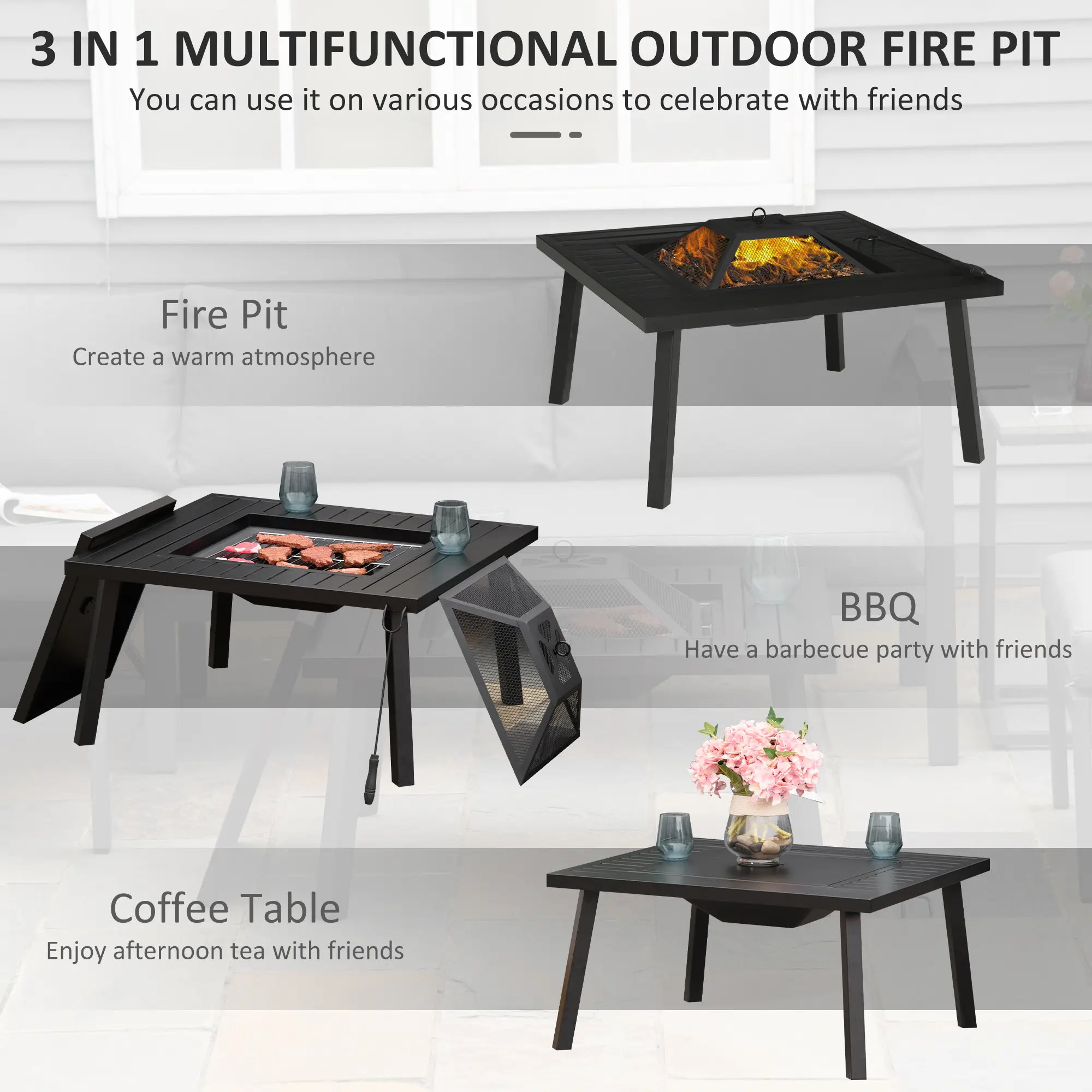 34" Fire Pit with Grill, Metal Outdoor Wood Burning Firepit with Spark Screen, Fire Poker, Cover, Table Lip, Black