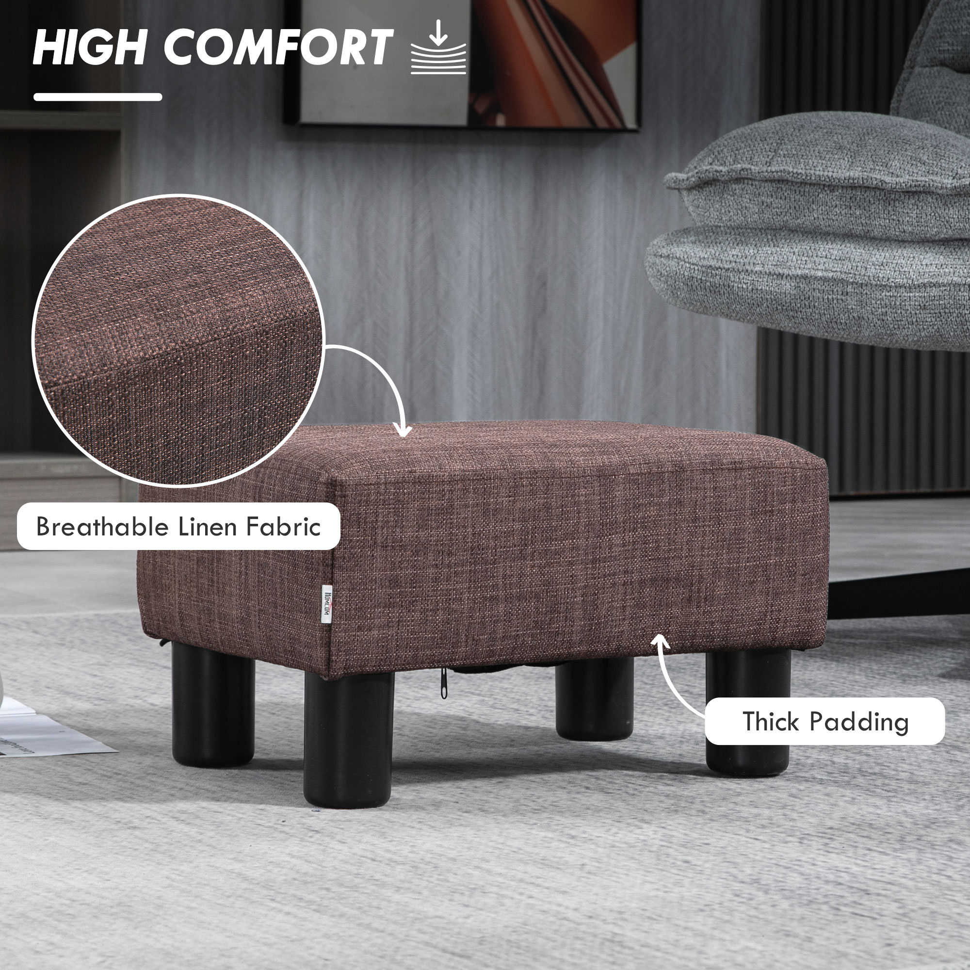 Linen Fabric Footstool Ottoman Cube With 4 Plastic Legs, Brown