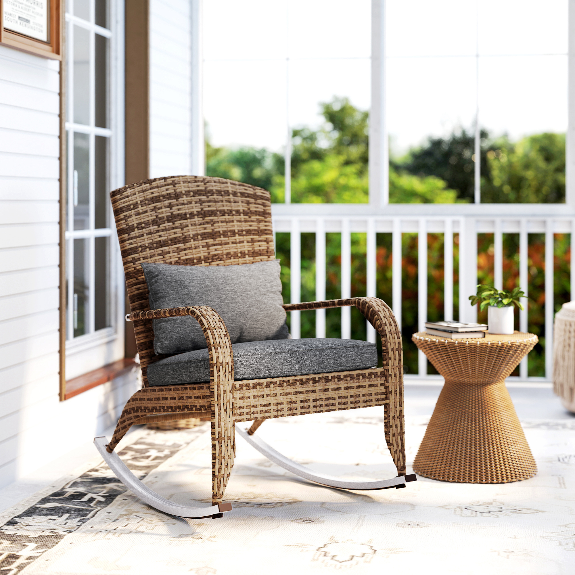  Adirondack Chair, Outdoor Wicker Rocking Chair with High Back, Seat Cushion, and Pillow for Porch, Balcony, Gray