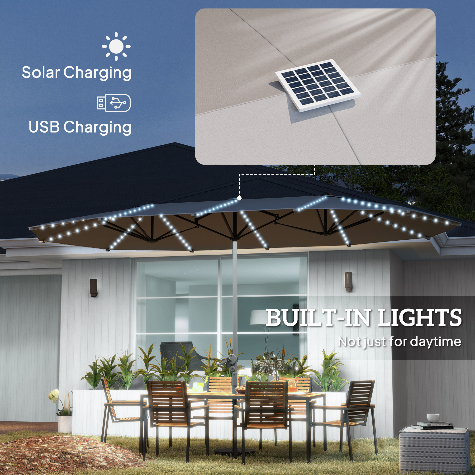 15ft Double-Sided Outdoor Umbrella with Solar Lights, UPF50+ Extra Large Aluminum Patio Umbrella with Crank, Dark Gray