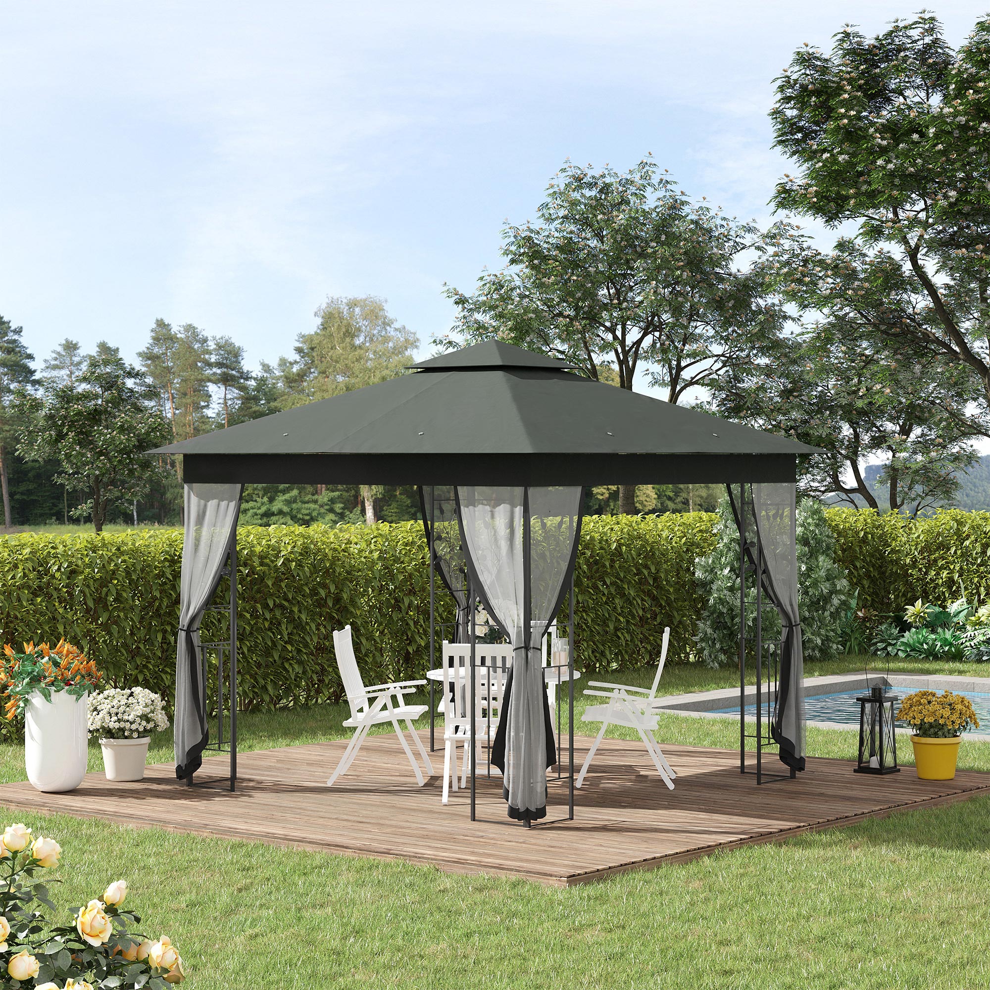 10 x 10 Metal Patio Gazebo, Double Roof Outdoor Gazebo Canopy Shelter with Tree Motifs Corner Frame and Netting, for Garden, Lawn, Backyard, and Deck, Gray