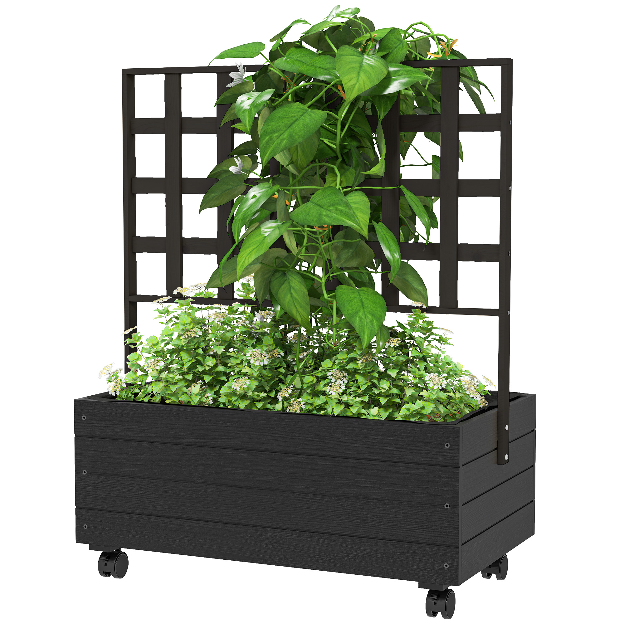 Raised Wooden Garden Bed with Trellis and Wheels