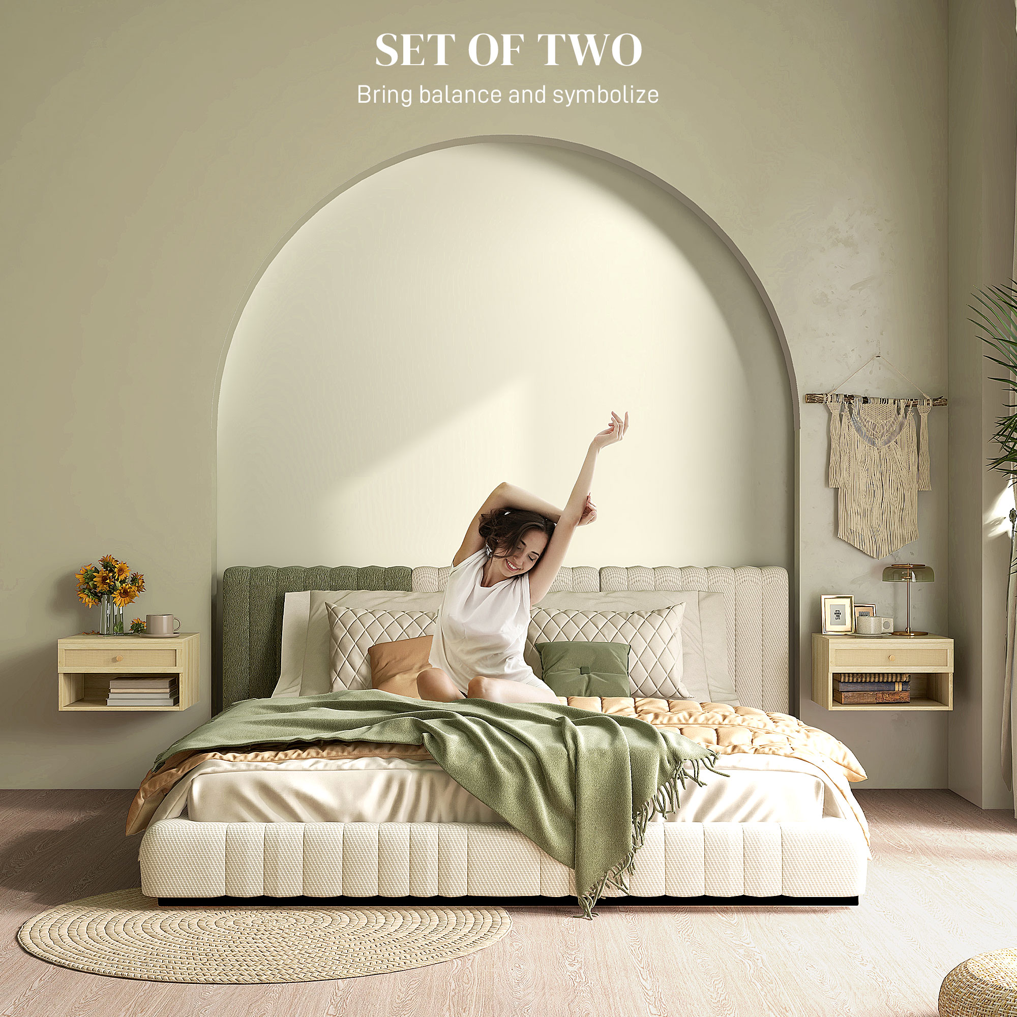 Set Of Two Rattan Panel Floating Bedside Tables - Wood-Effect — image 2