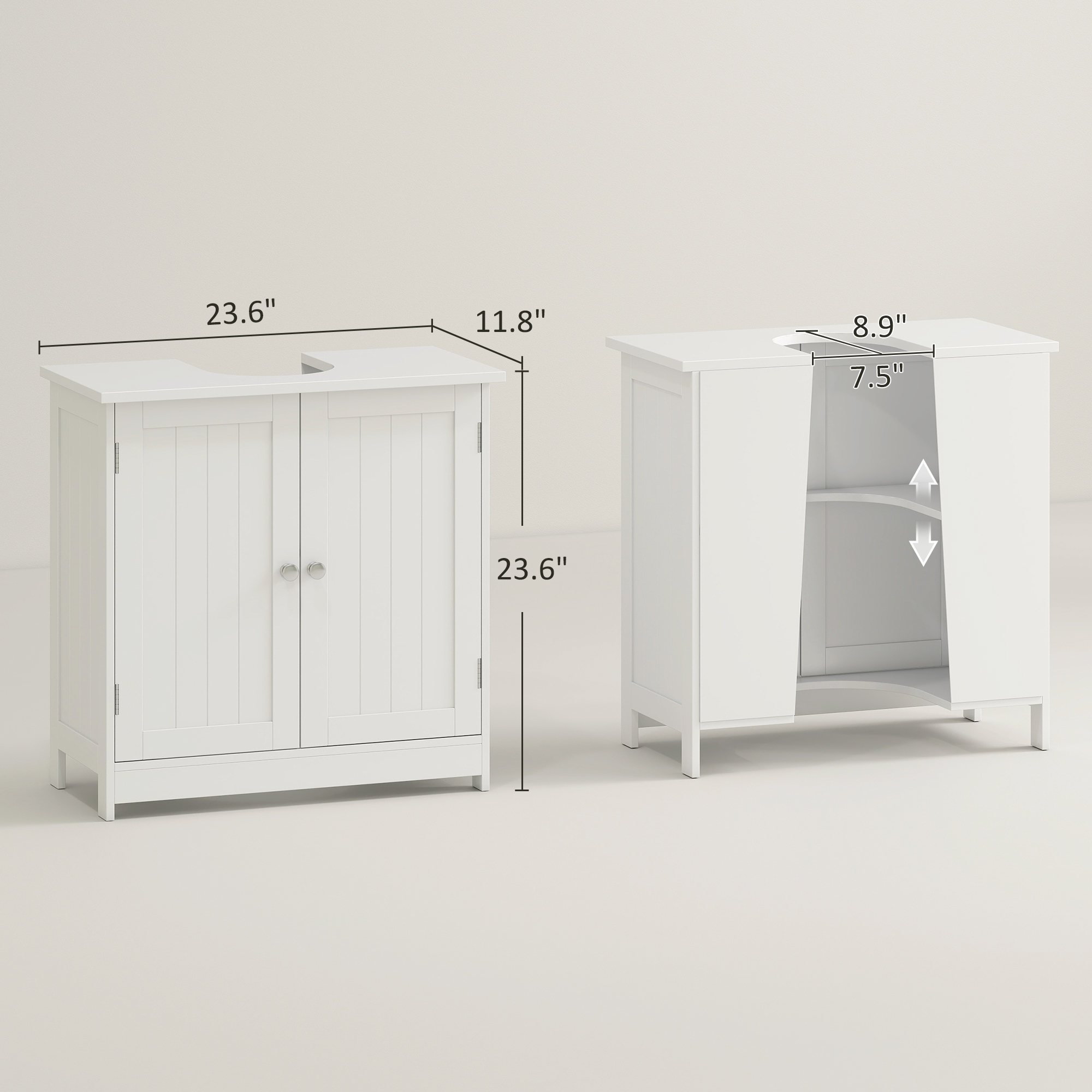  Under Sink Bathroom Cabinet, Pedestal Sink Storage Cabinet with 2 Doors, Shelf and U-Shape, White image 2
