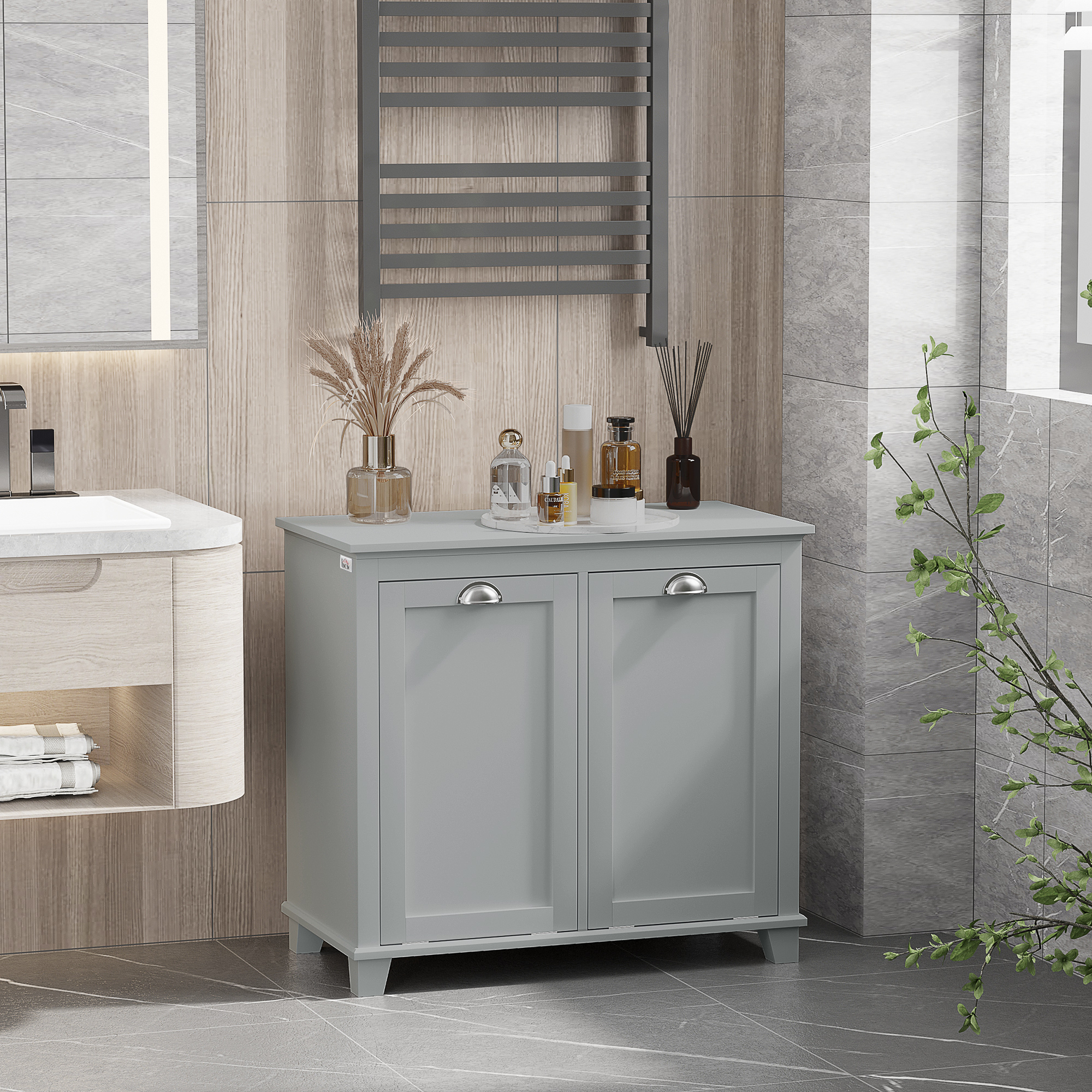  Dual Tilt out Laundry Hamper Cabinet, Bathroom Storage Cabinet with 2-Compartment Hamper, Modern Bathroom Floor Cabinet for Washroom, Gray