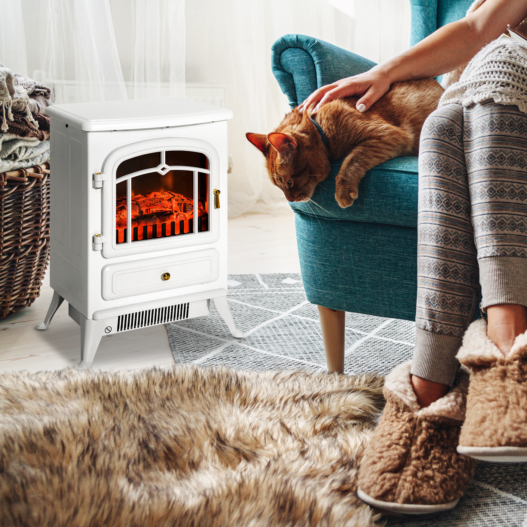  Fireplace Stove, Electric Fireplace Heater with Realistic LED Flames and Logs, 725W/1450W, White