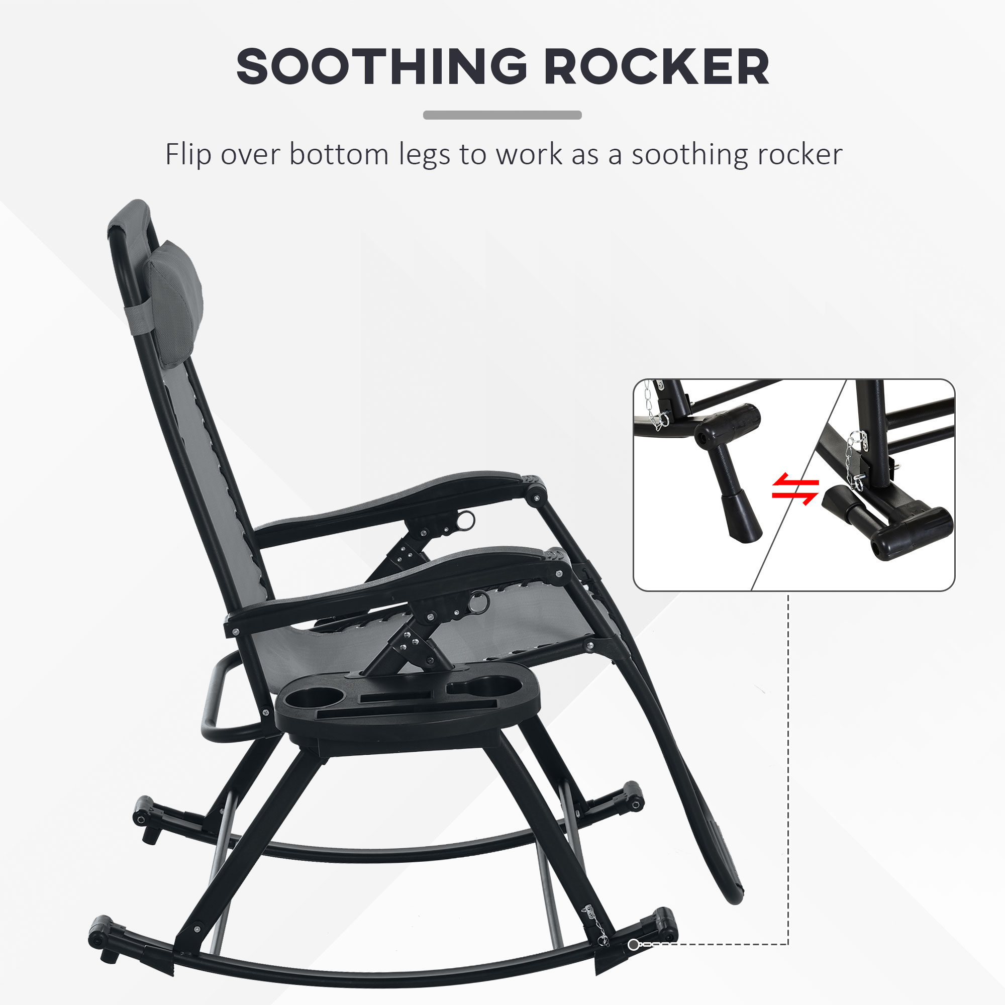 2 Outdoor Rocking Chairs Foldable Reclining Zero Gravity Lounge Rockers w/ Pillow Cup & Phone Holder, Gray