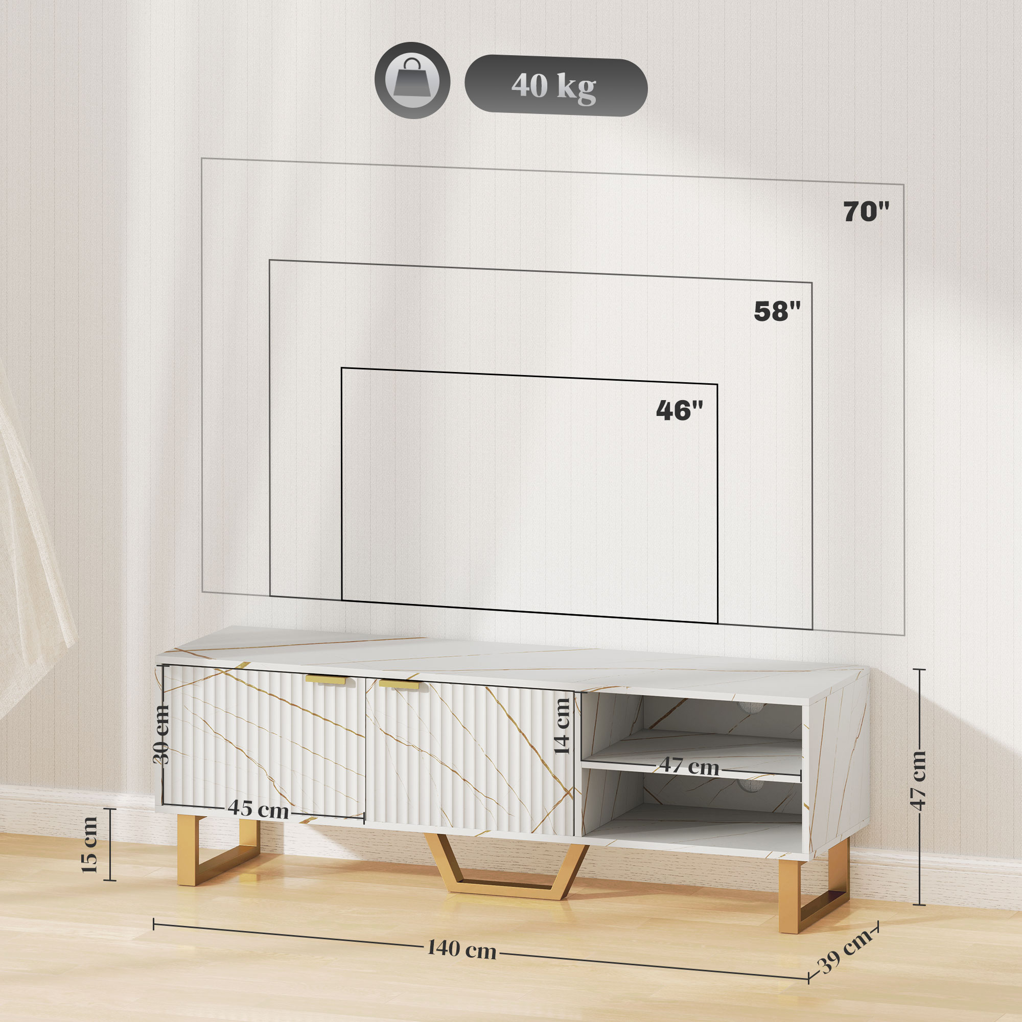 Marble Effect TV Unit, TV Stand Cabinet For Up To 70" TVs, Modern TV — image 3