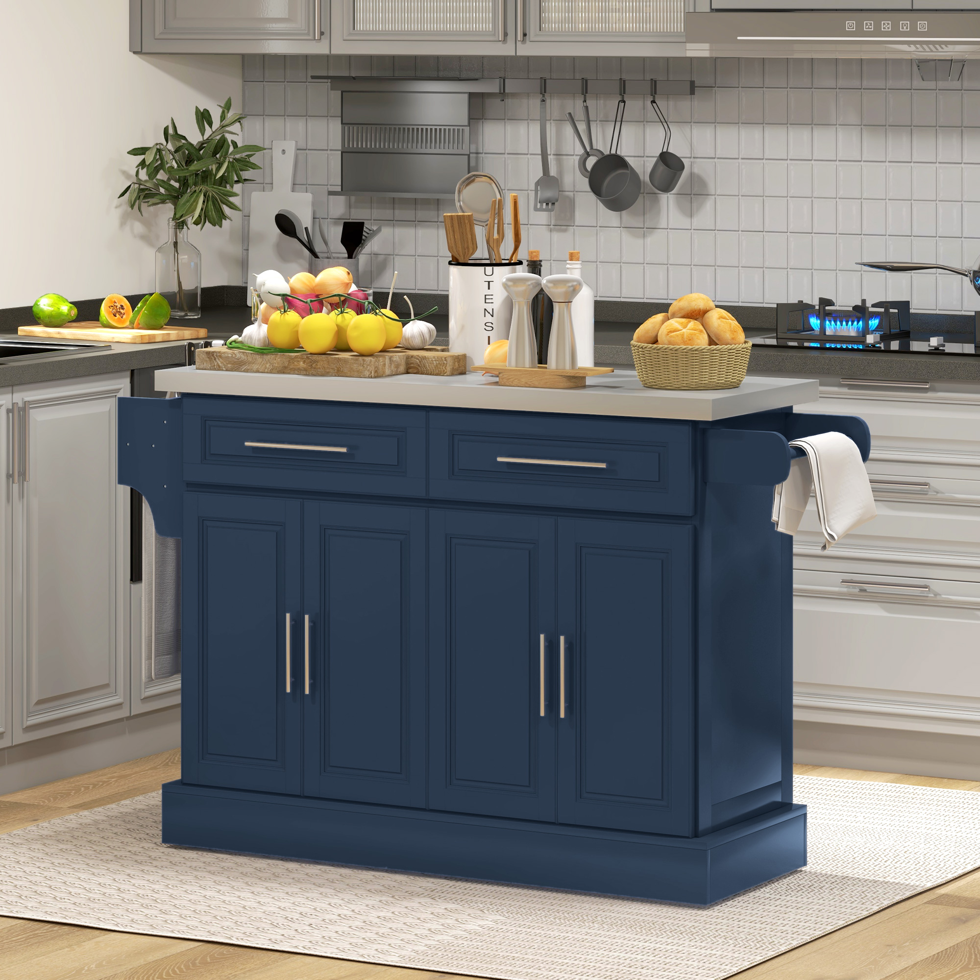 Rolling Kitchen Island with Stainless Steel Top