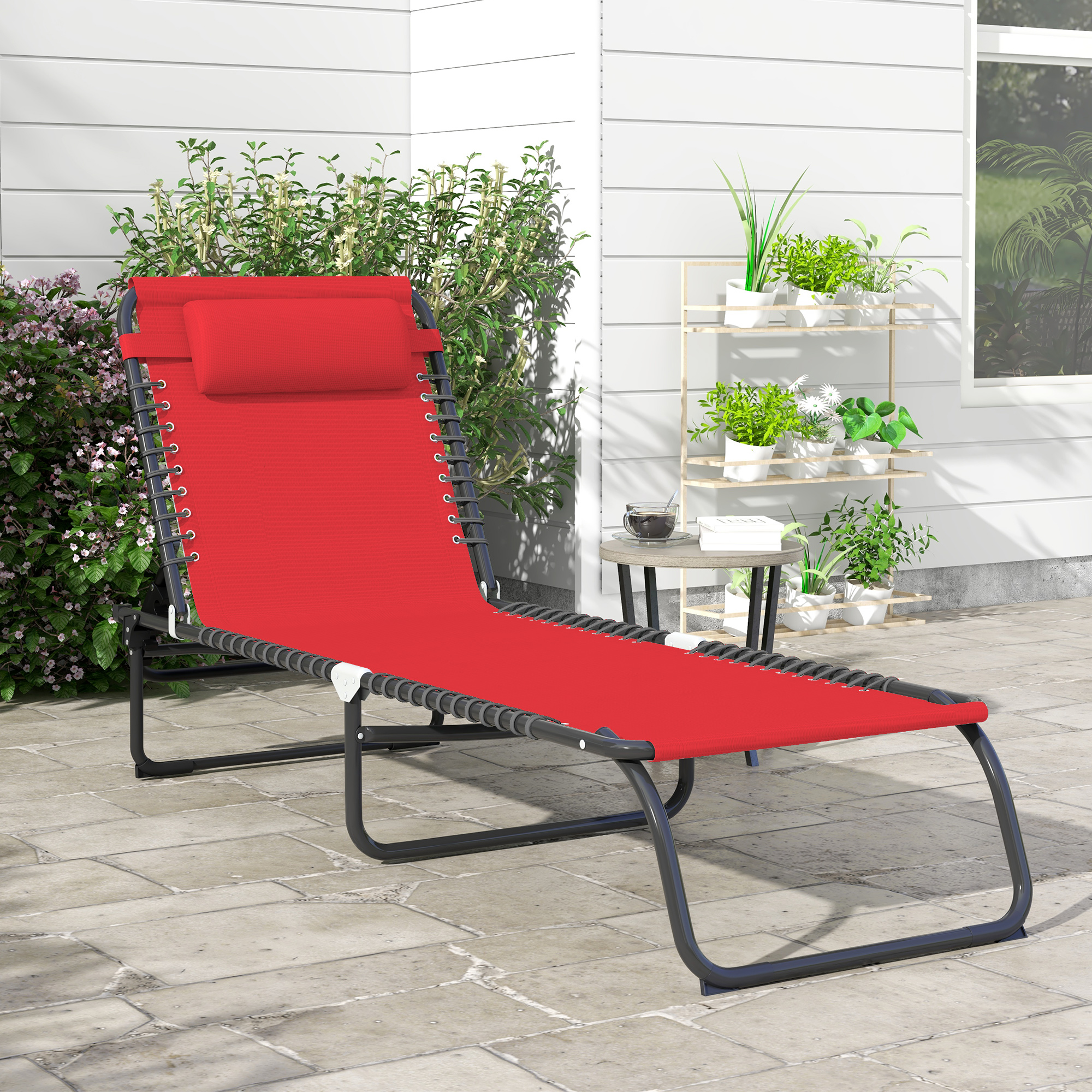 Folding Chaise Lounge Pool Chair with 4-Position Reclining Back, Pillow, Breathable Mesh & Bungee Seat, Wine Red