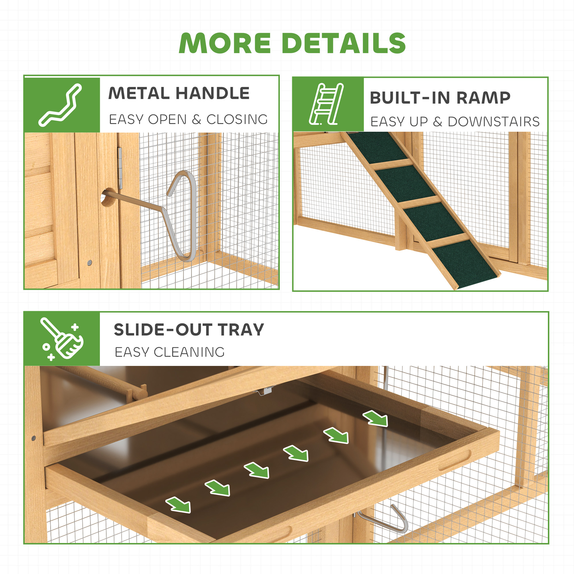  75" Wooden Chicken Coop with Nesting Box, Removable Tray, Ramp Run, for Garden Backyard, Natural Wood