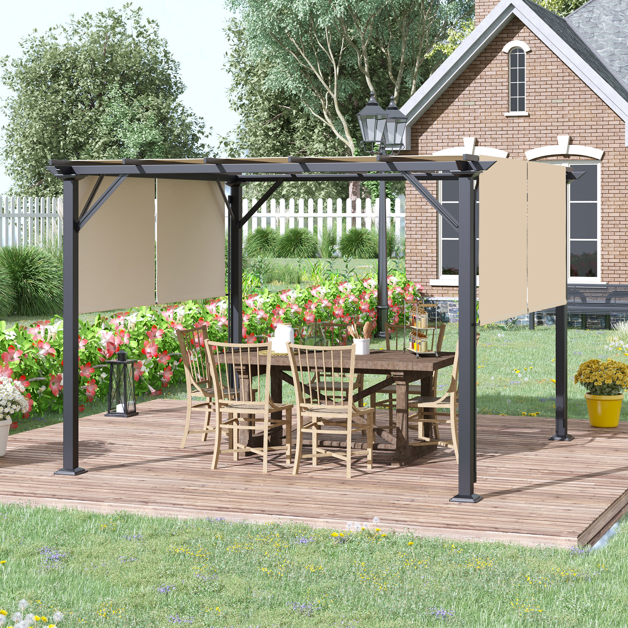12 x 10 Outdoor Retractable Pergola Canopy with Sun Shade Unique Design Canopy Patio Metal Shelter for Garden Porch Beach, Beige