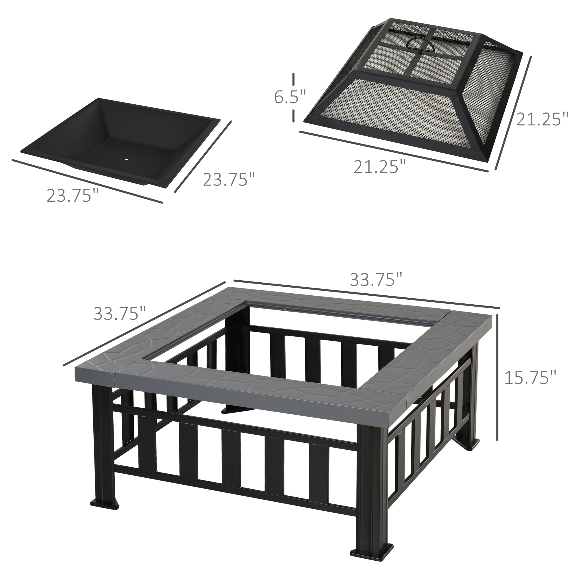  34" Outdoor Fire Pit Square Steel Wood Burning Firepit Bowl with Spark Screen, Waterproof Cover, Log Grate, Poker for Backyard, Camping, BBQ, Bonfire