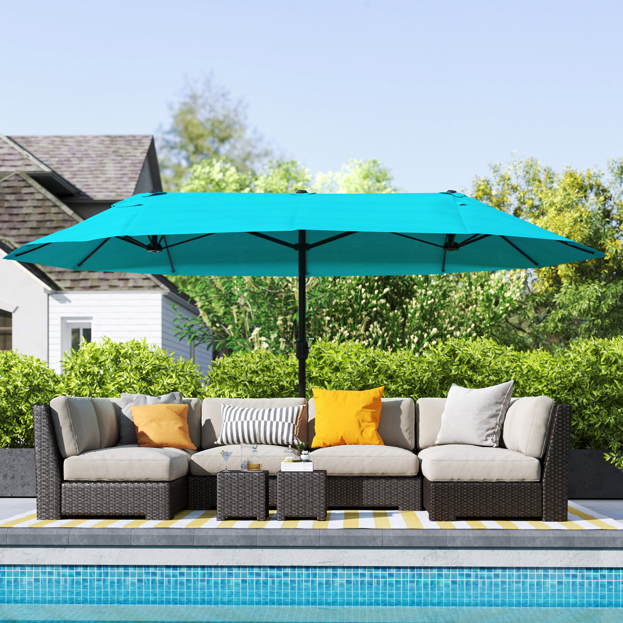 Patio Umbrella, 15′ Steel Rectangular Outdoor Double Sided Market Umbrella with Base, Sun Protection & Easy Crank, Blue