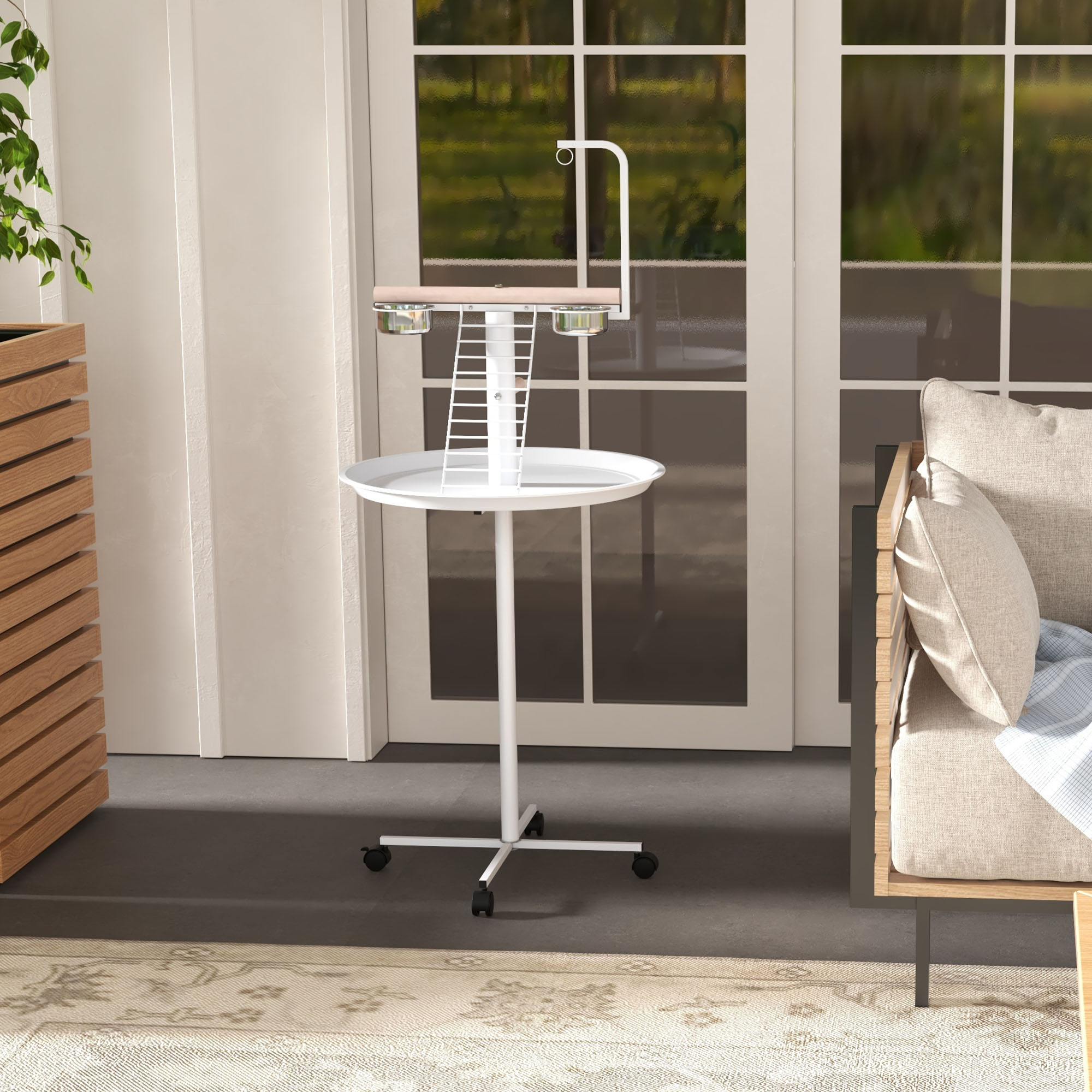  Bird Stand with Wheels, Perches, Feed Bowls, Round Tray for Parrot