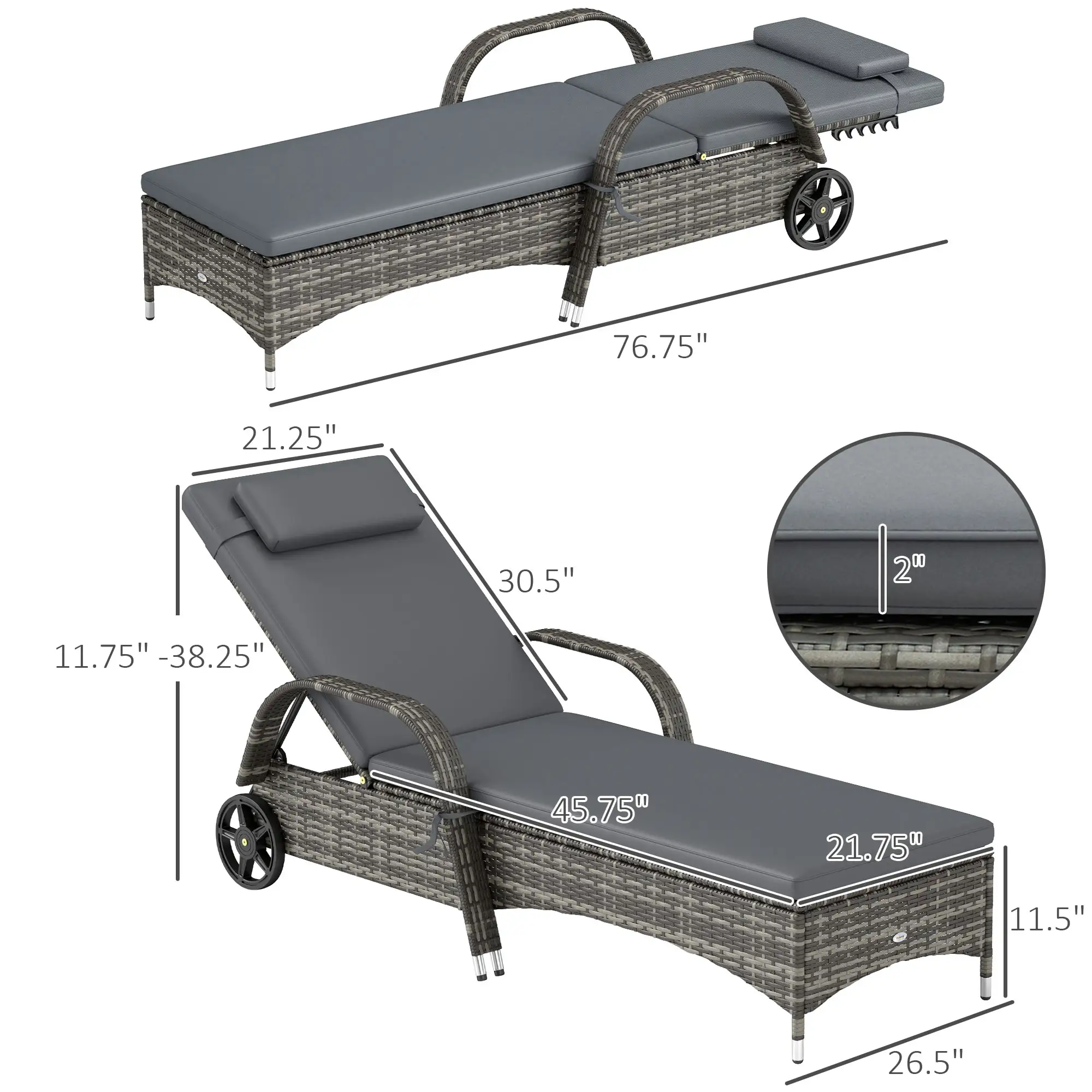 2 Reclining Chaise Lounge Chairs, Rolling Outdoor Chairs with Cushion, Pillow, Headrest, Armrests, and Wheels, Gray