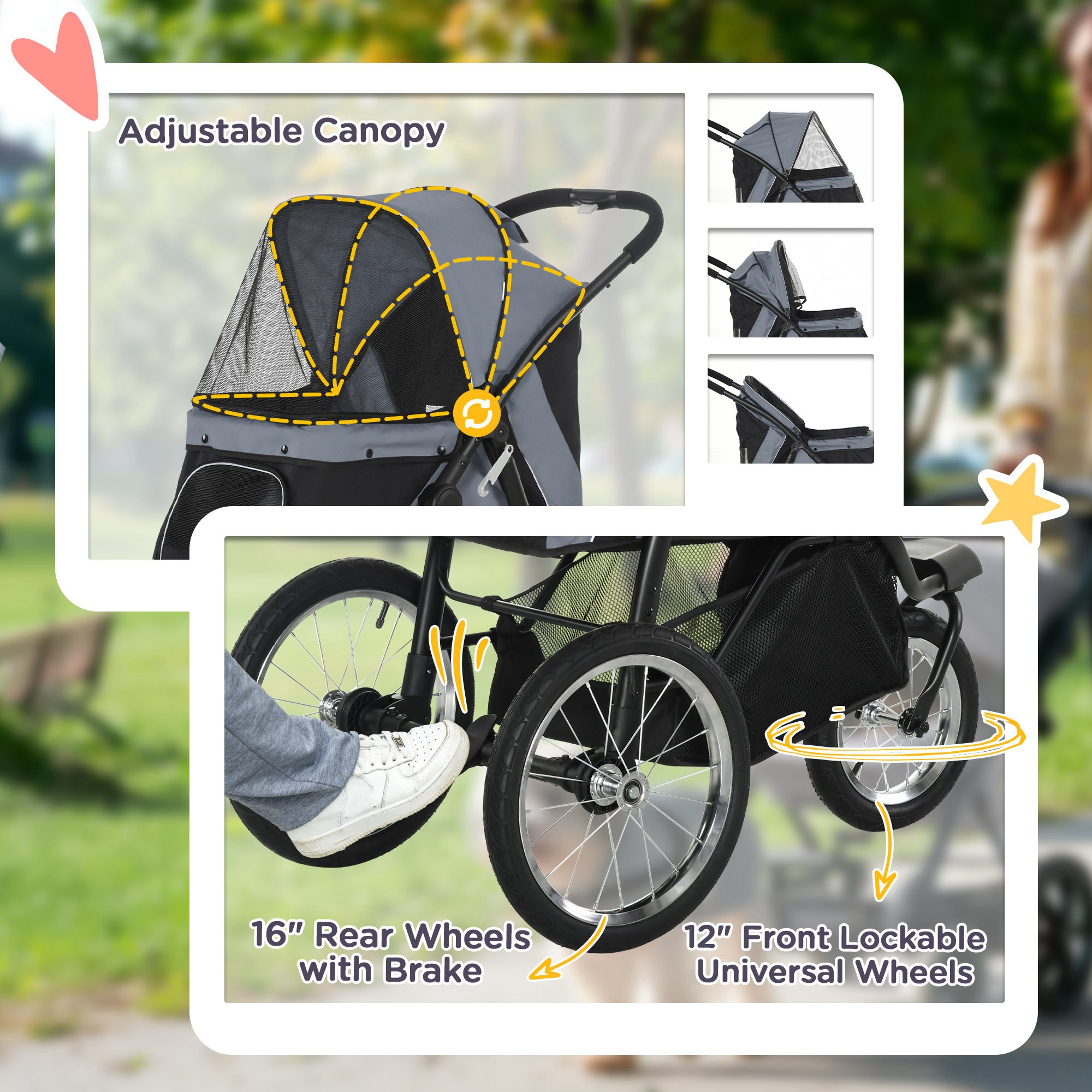  3 Wheels Pet Stroller for Small Dogs and Medium Dogs with Adjustable Canopy, Safety Tether, Storage Basket, Gray