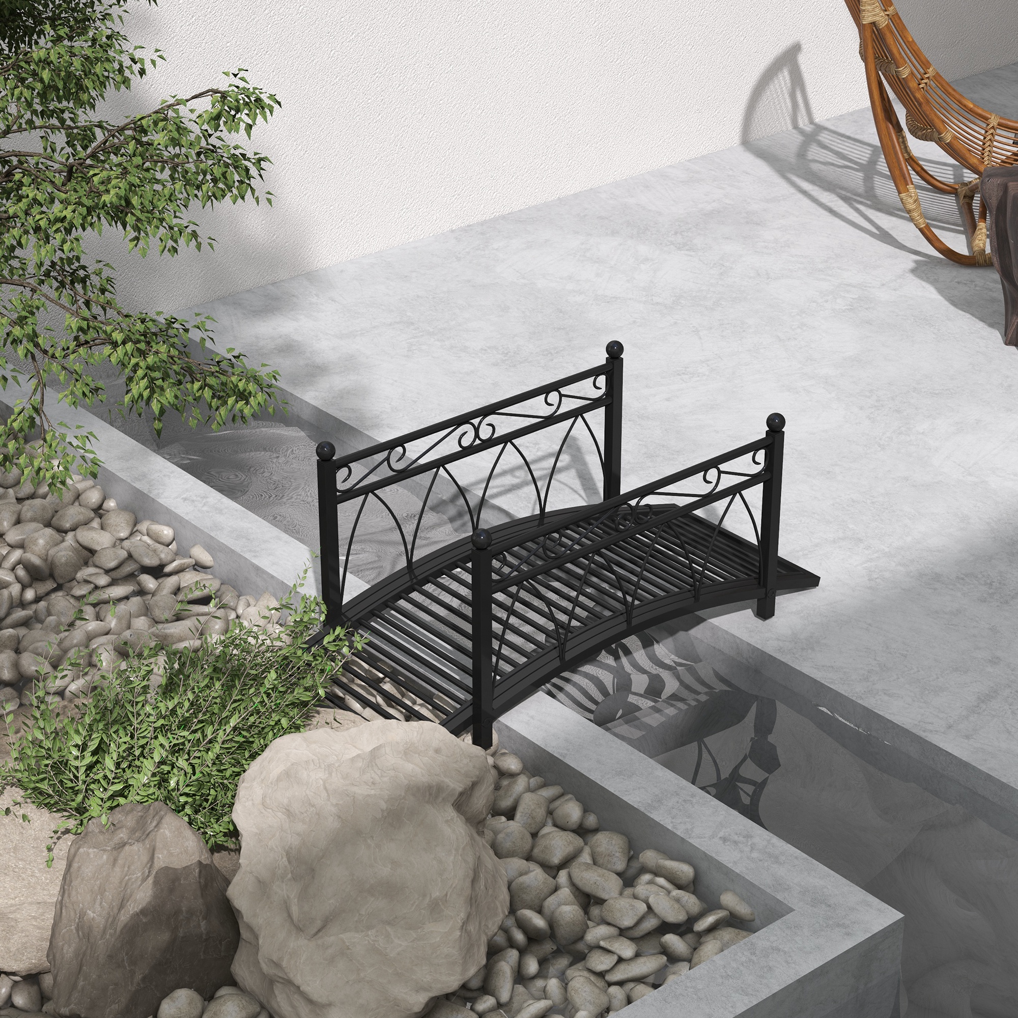 3.3 Metal Arch Zen Garden Pond Bridg with Safety Siderails for Stream, Fish Pond, Black