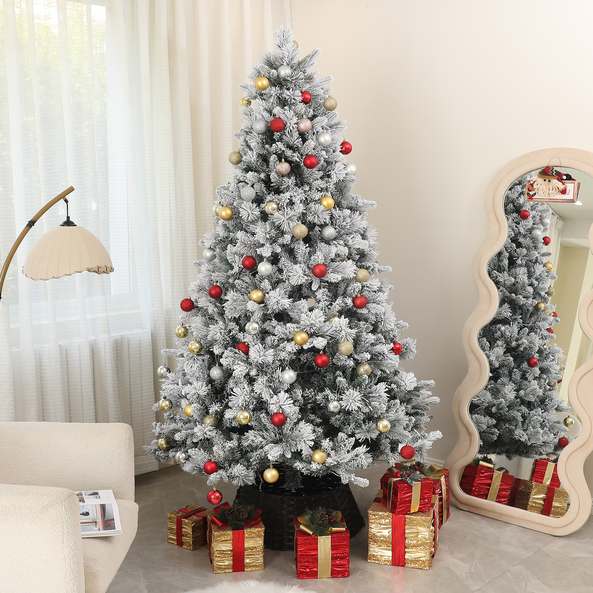 7.5 ft Prelit Flocked Artificial Christmas Tree with 500 Clear Lights, 1530 Tips, Metal Stand for Home Office Holiday — foto 5