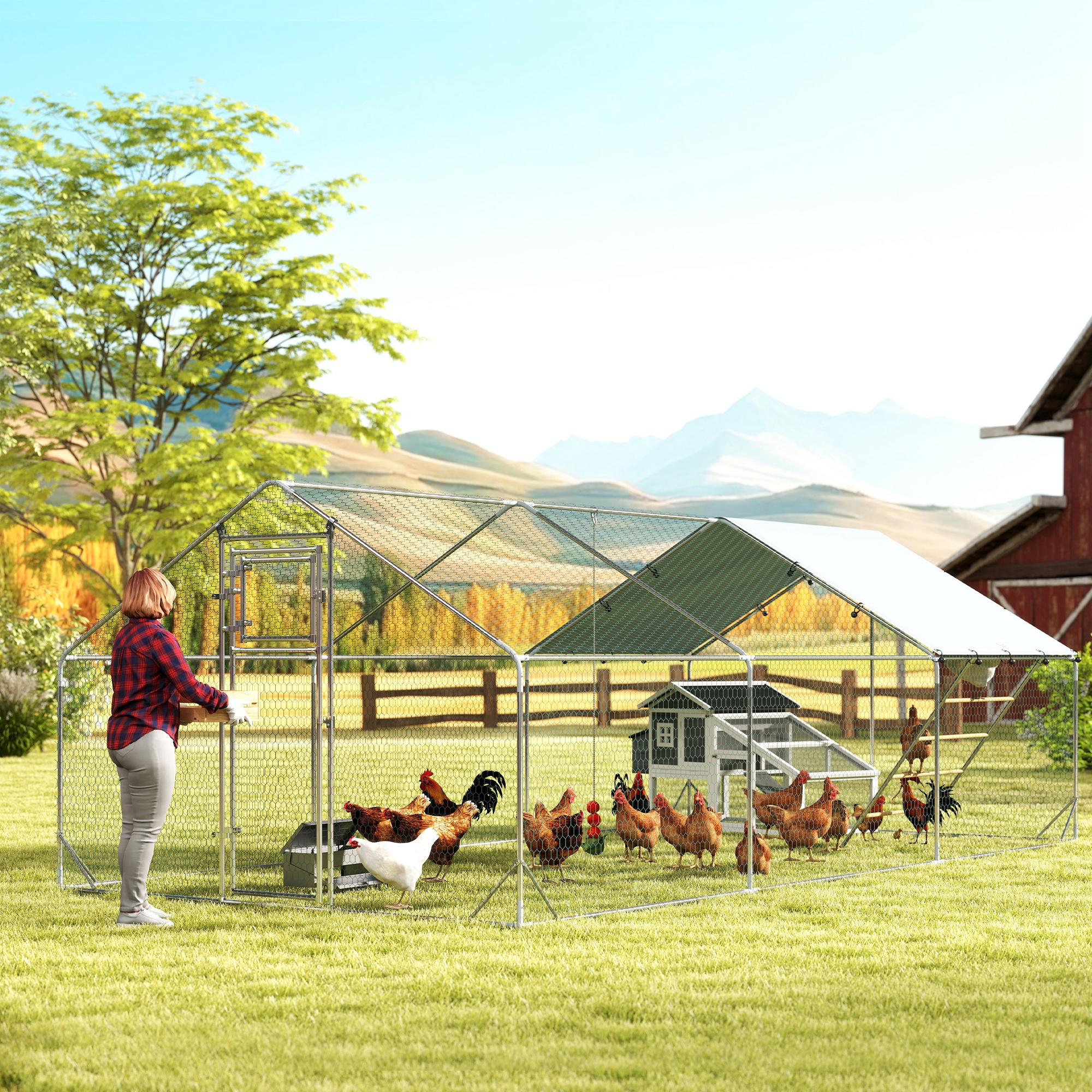 Metal Chicken Run w/ Waterproof & Anti-UV Cover, Feeding Door, Hanging Feeder, for 18-24 Chickens, 9.8 x 19.7 x 6.4