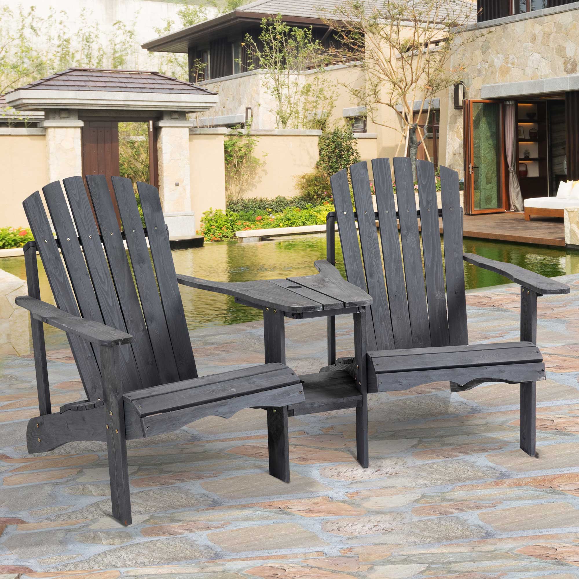 Outdoor Wood Adirondack Chair Reclined Bench w/ Coner Table & Umbrella Hole