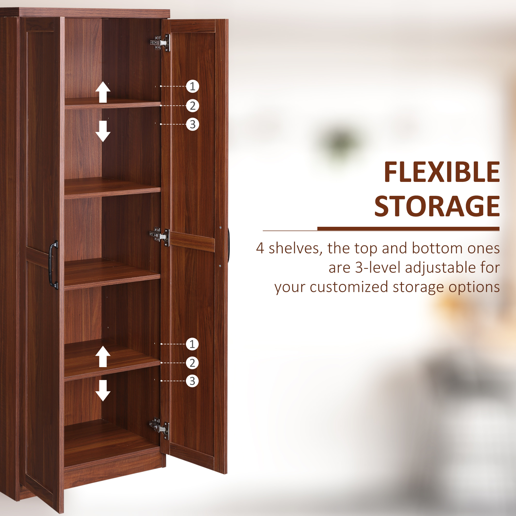 63" 2-Door Kitchen Pantry, Freestanding Storage Cabinet with 5-tier Shelving and 2 Adjustable Shelves for Dining Room, Brown image 4