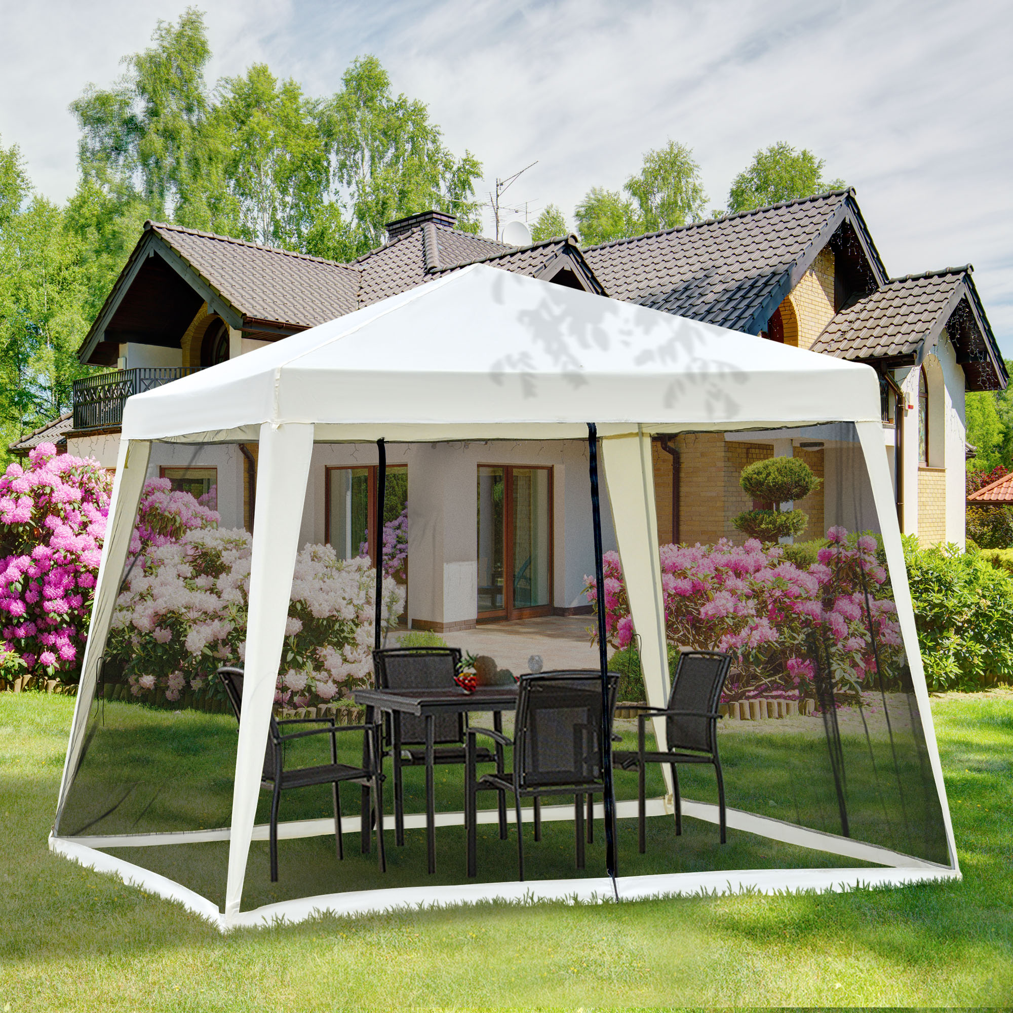 10x10 Outdoor Party Tent Canopy with Mesh Sidewalls, Patio Gazebo Sun Shade Screen Shelter, Beige