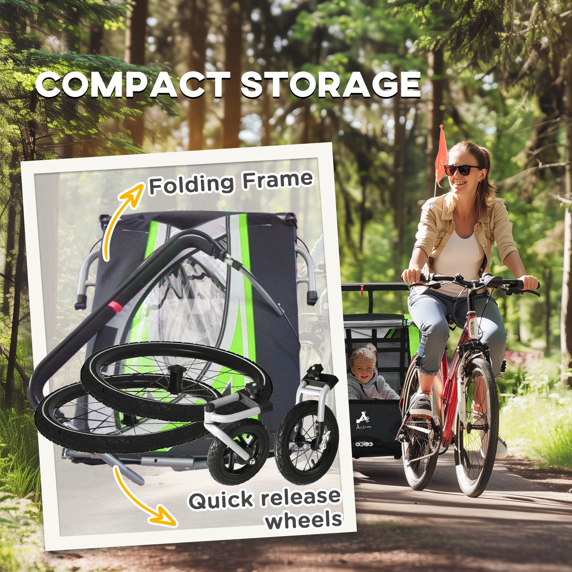 3-in-1 Bike Trailer for Kids, Running Stroller with 2 Seats, Jogging Cart with 5-Point Harness, Storage Units, Green