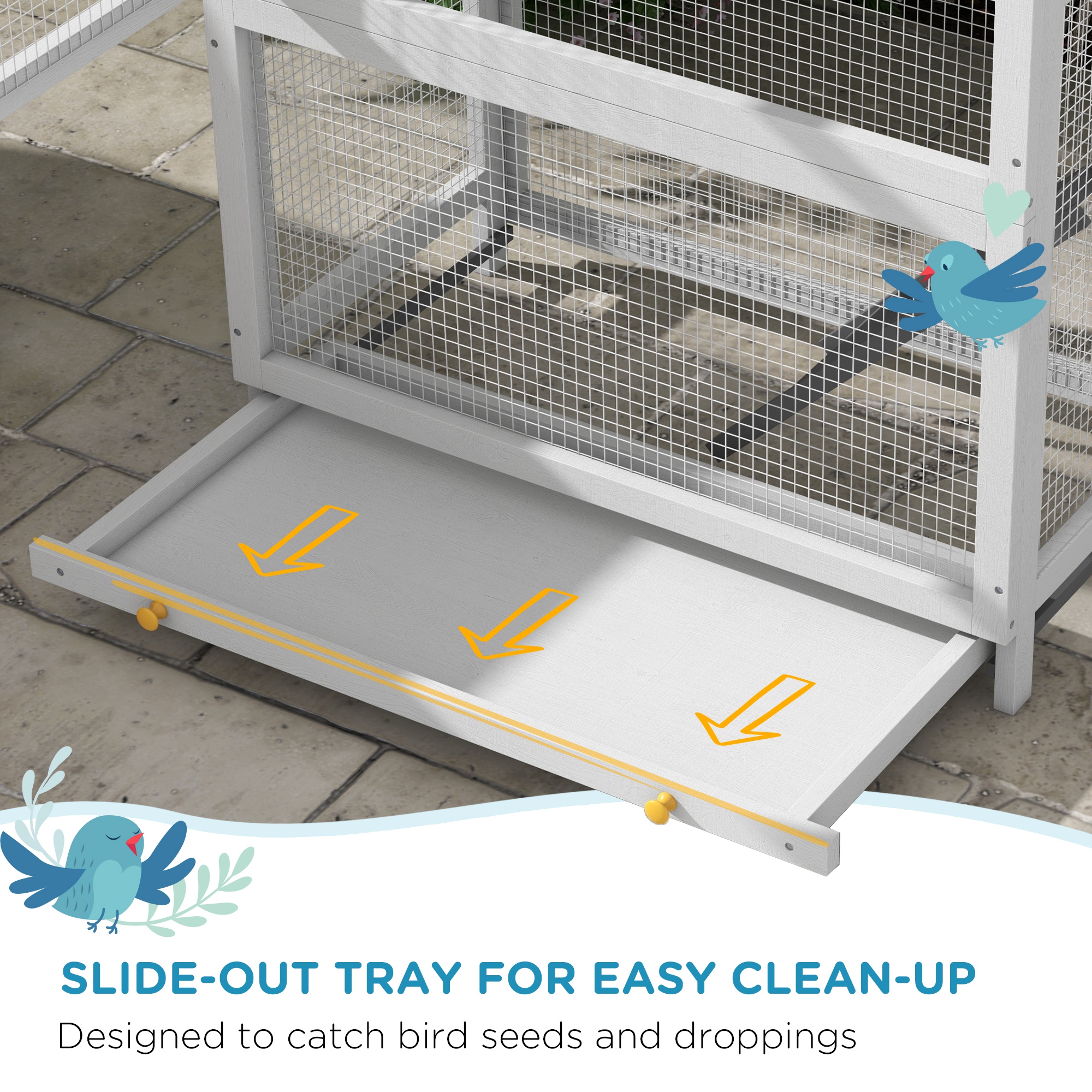  Wooden Bird Aviary with Slide-Out Tray, Birdhouse, Ladder, Perches for Finches, Parakeets, Gray