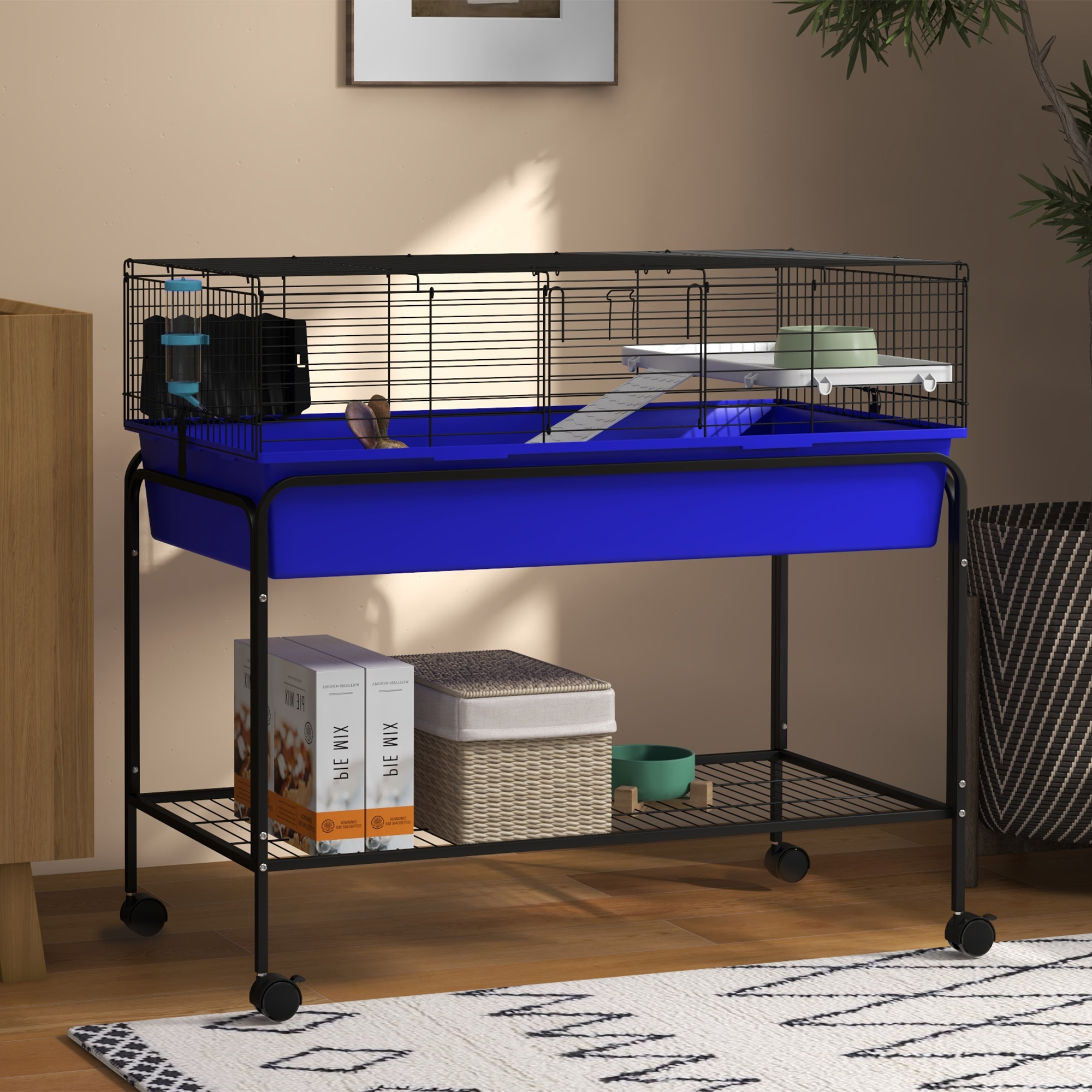  Two-Story Small Animal Cage Removable from Stand, Pet Habitat with Shelf & Wheels, 39" x 20.5" x 36.5", Blue
