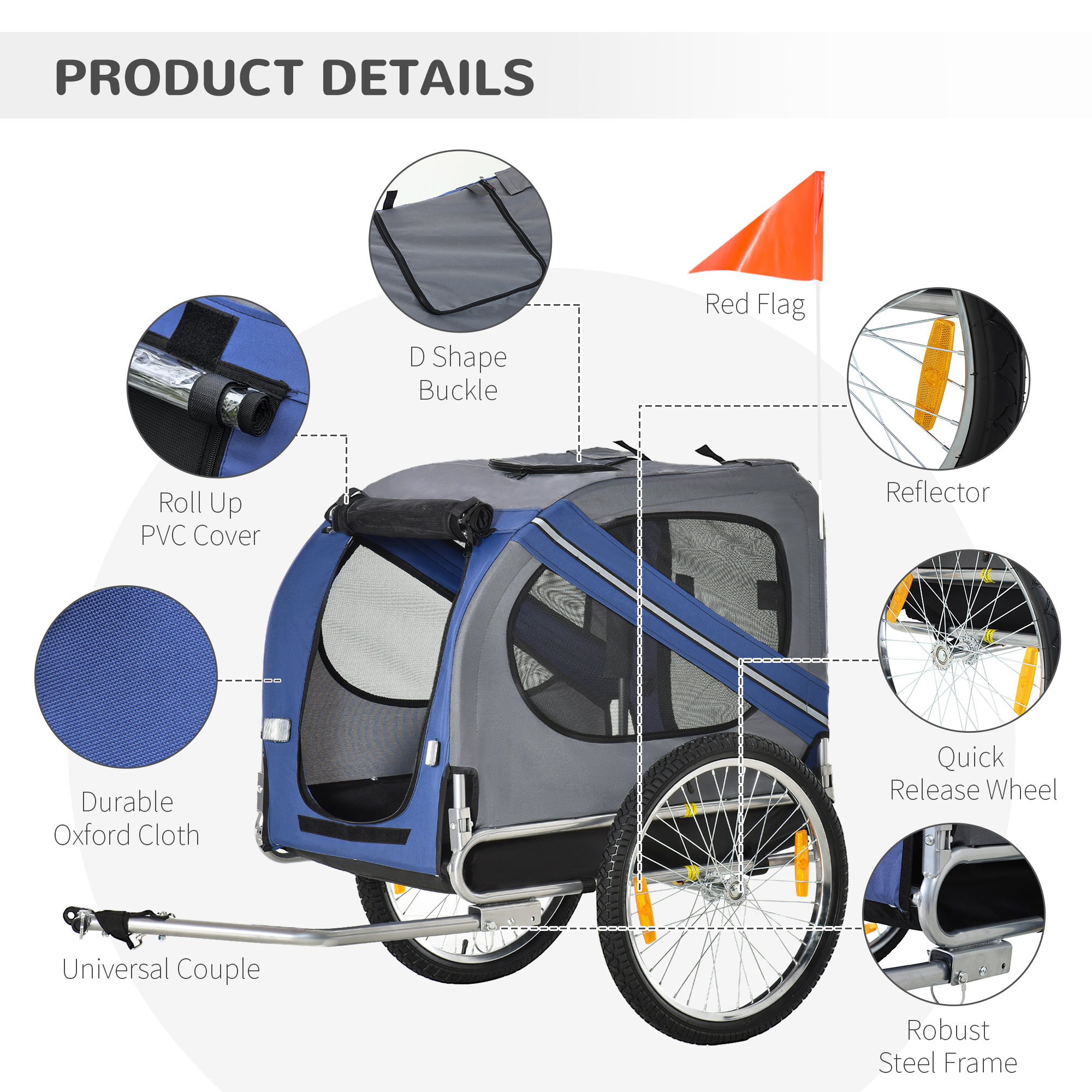 Bike Trailer Cargo Cart for Dogs and Pets with 3 Entrances Large Wheels for Off-Road & Mesh Screen, Blue/Gray