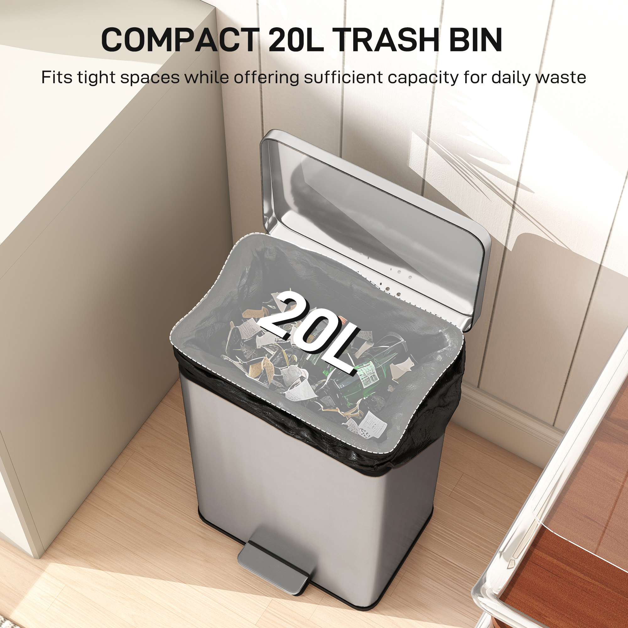 20L Kitchen Bin With Soft-Close Lid And Stay-Open Function, Stainless Steel