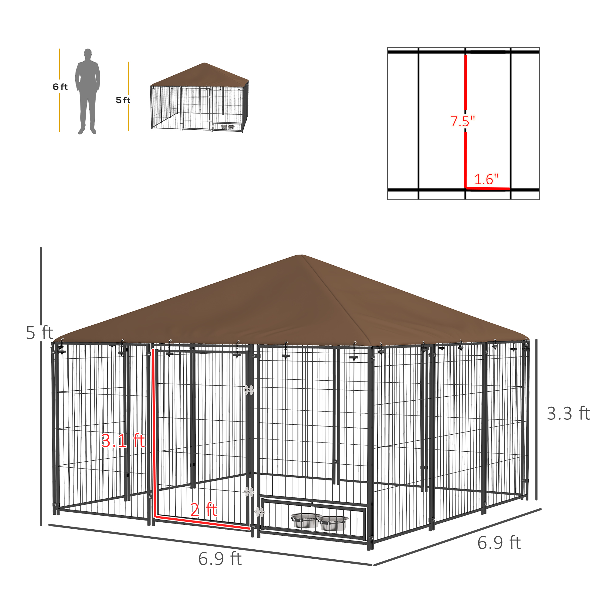  6.9' x 6.9' x 5' Outdoor Dog Kennel with Canopy Garden Playpen Fence Crate Enclosure Cage Rotating Bowl, Coffee